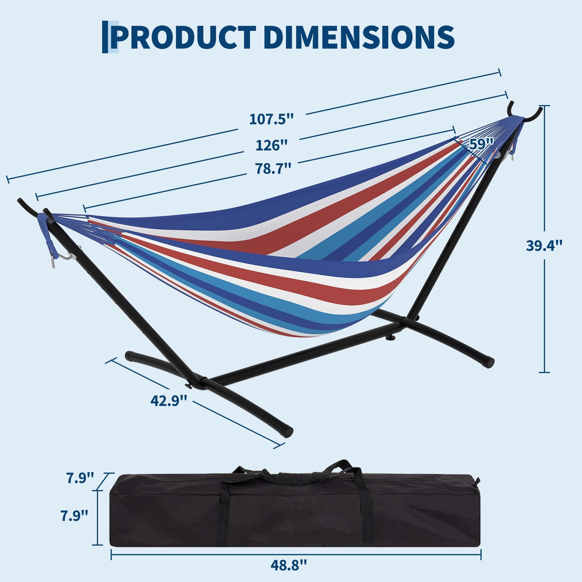 Garvee Hamaca Portátil para 2 Personas Resistente 450 Libras con Soporte Plegable - Ideal para Jardín, Playa y Camping Exterior - Rayas Azules, Blancas y Rojas