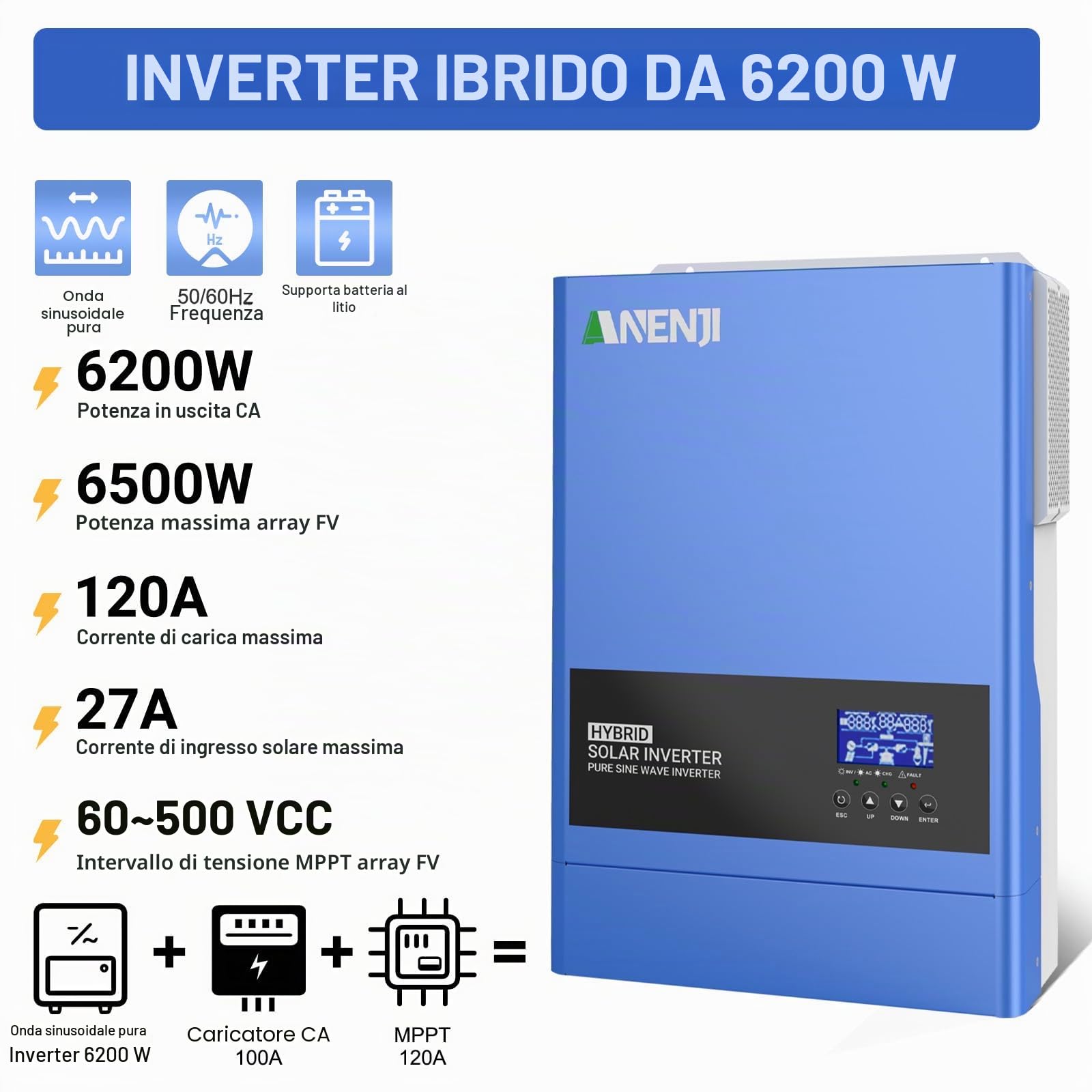 6200W Inverter Ibrido 48V Inverter Fotovoltaico a Onda Sinusoidale Pura, MPPT da 120A Tensione di Ingresso Fotovoltaica Massima di 500V, Adatto Per Batterie al litio da 48V, con Modulo WiFi