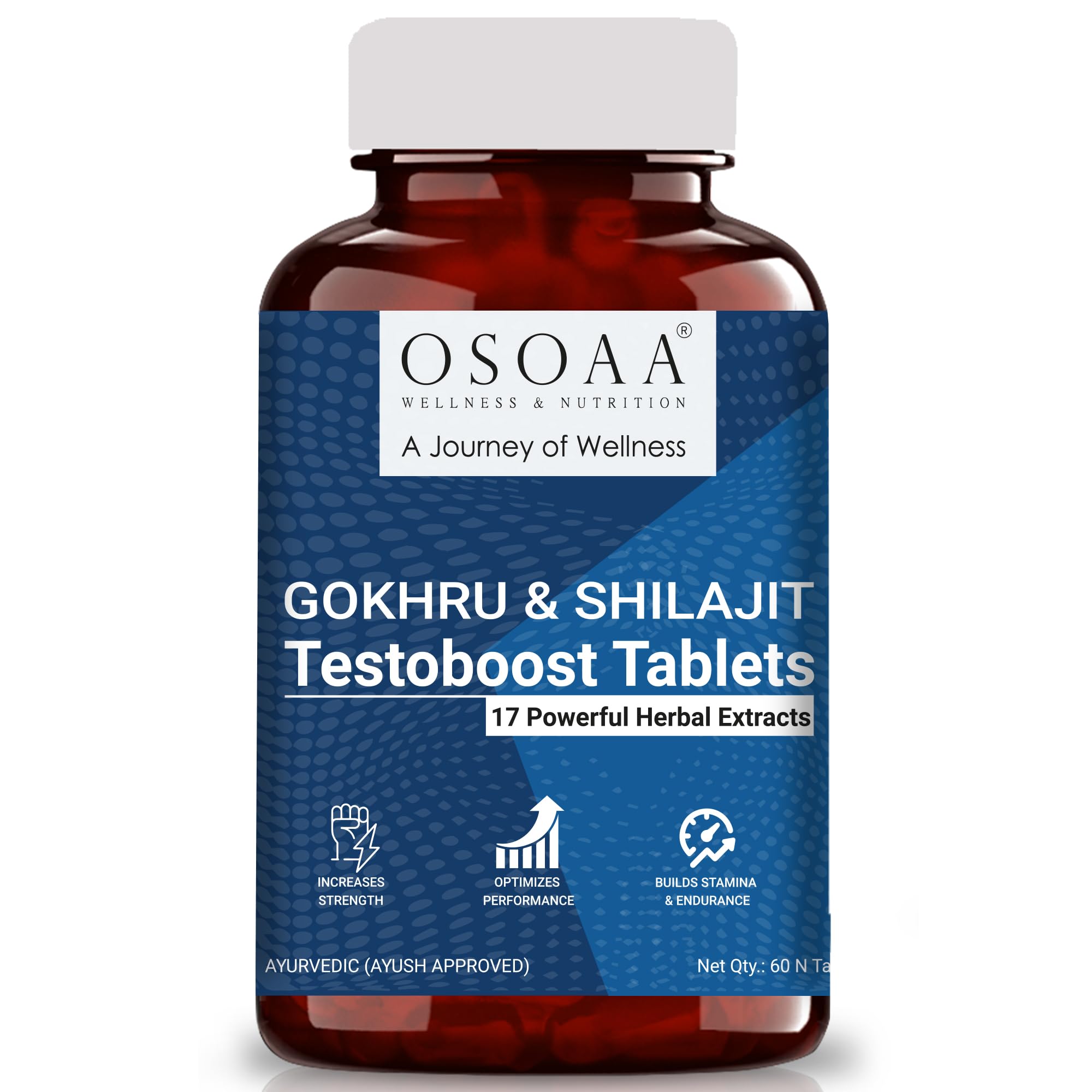 OSOAA Testosterone Supplement for Men with Shilajit | Shilajeet | Gokhsura 1000mg, Ashwagandha, & Kaunch Beej Blend | Supports Strength & Vitality | 60 Veg Tablets