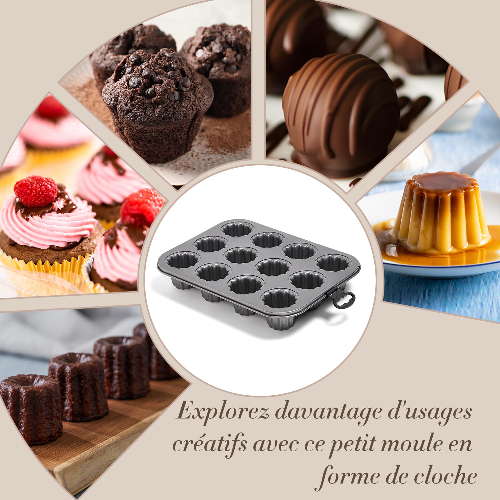 ROSSETTO Moule à Cannelés 12 Cavités en Acier Carbone – Moule à Gâteau Antiadhésif pour Four, Moule à Pâtisserie Résistant, Gris