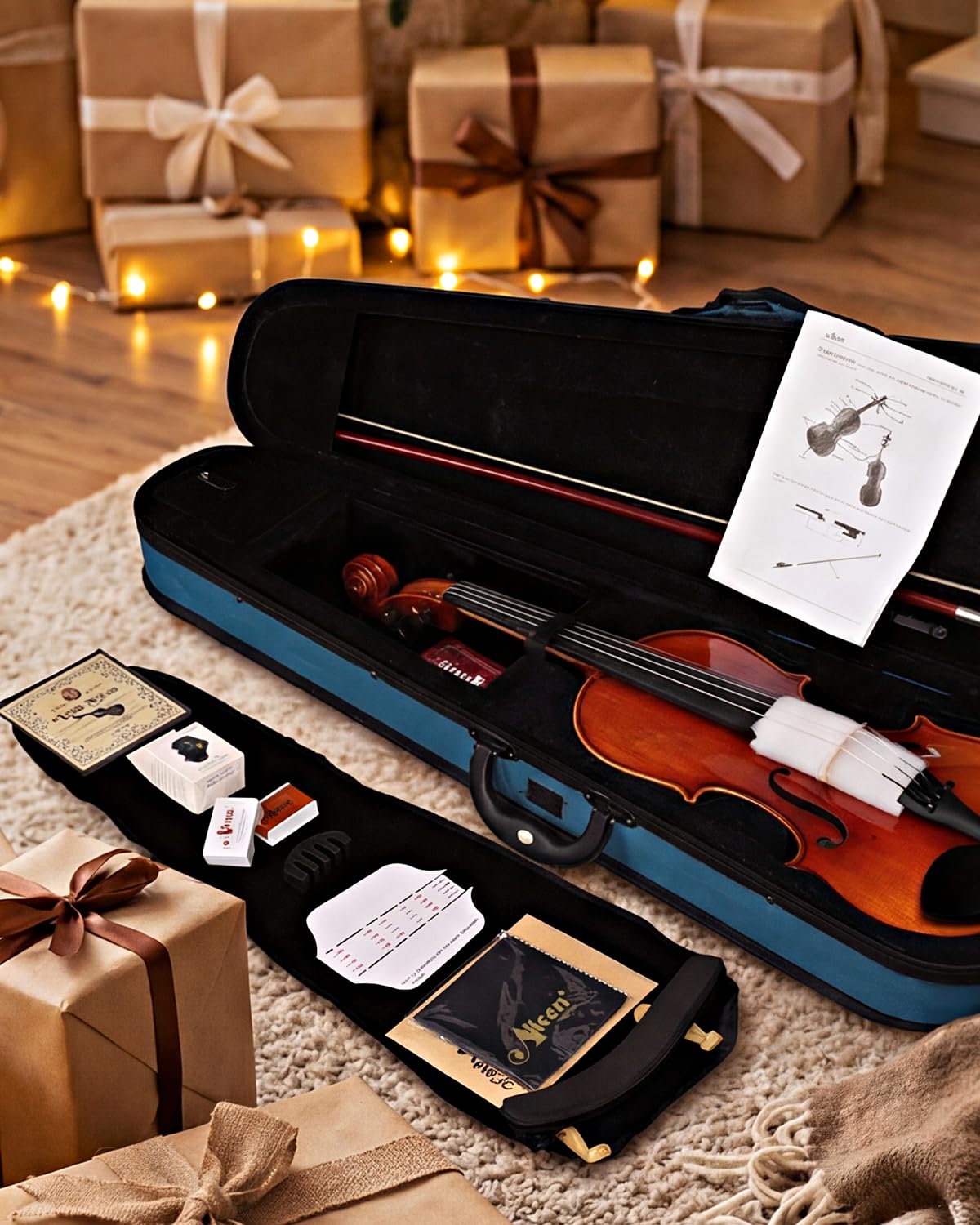 Violon 4/4 en bois massif pour adultes et enfants à partir de 12 ans – Kit professionnel avec 12 accessoires (épicéa et érable)