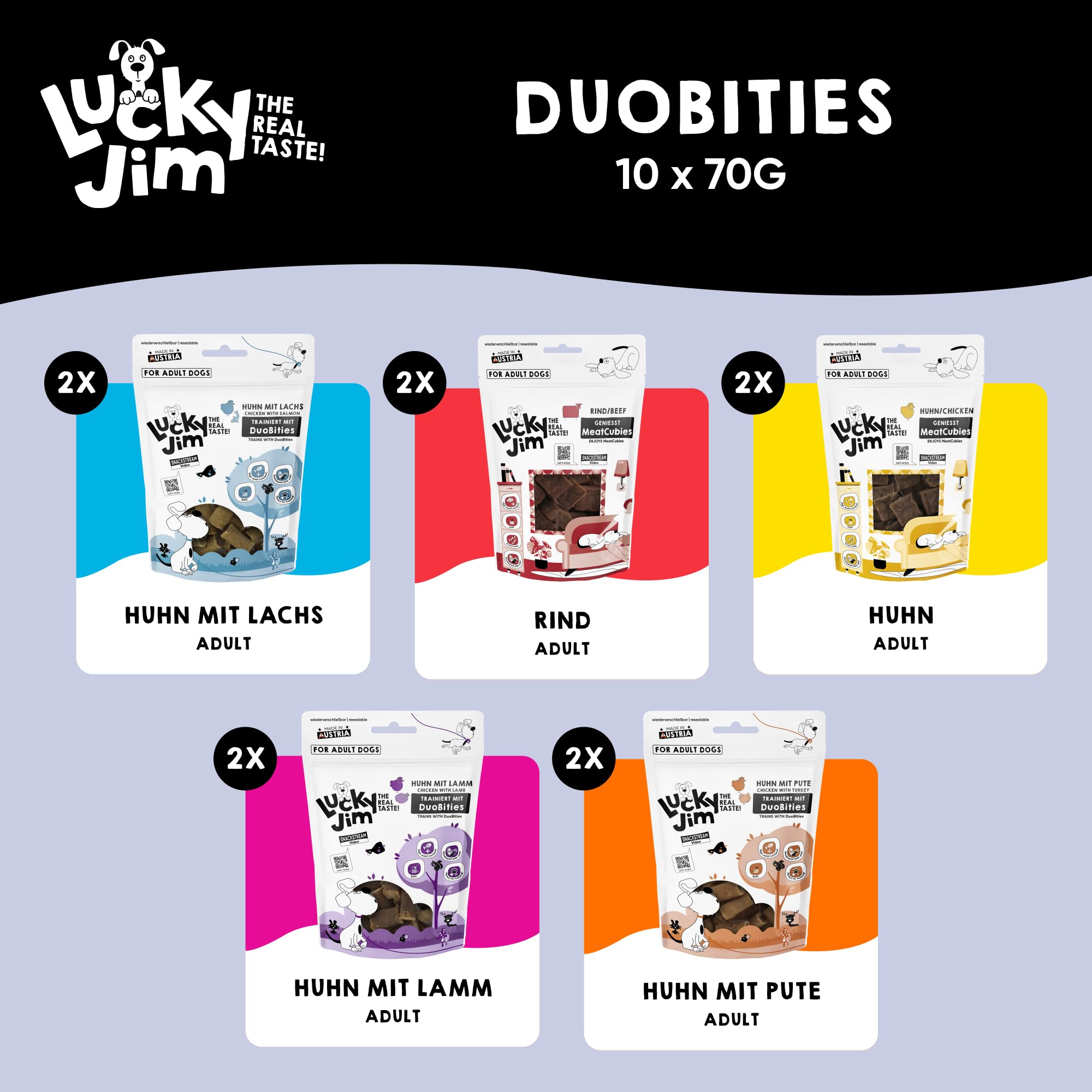 LUCKY JIM Hunde Leckerlies im Kennenlern-Paket - getreidefrei, ohne Zuckerzusätze & mit hohem Fleischanteil für viel Protein - ideal zum genießen & knabbern oder als Hunde Trainingsleckerli