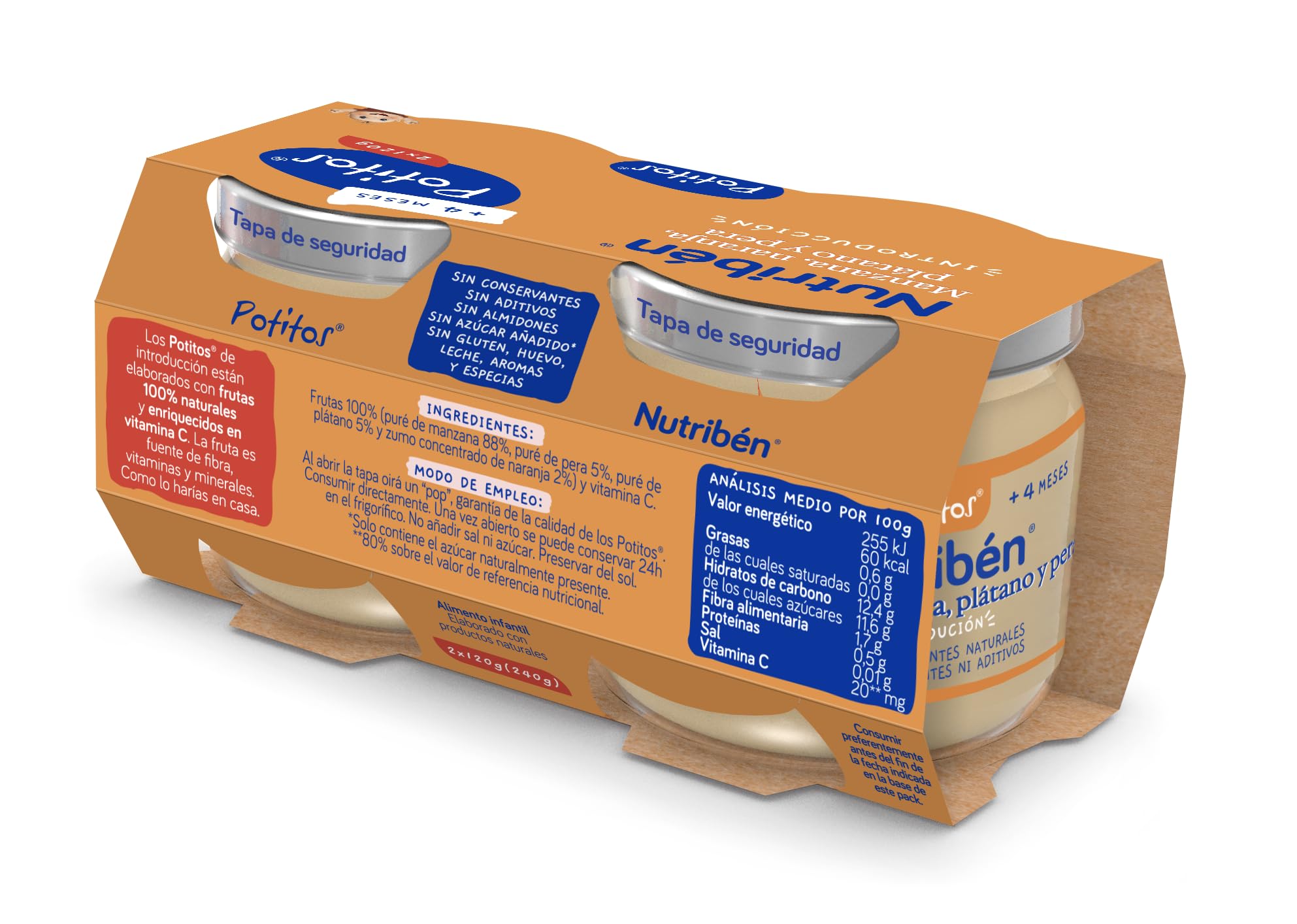 Nutribén Potitos pack Merienda Manzana Naranja Plátano Pera Sin almidones 4 meses 3 bipacks 6x120gr
