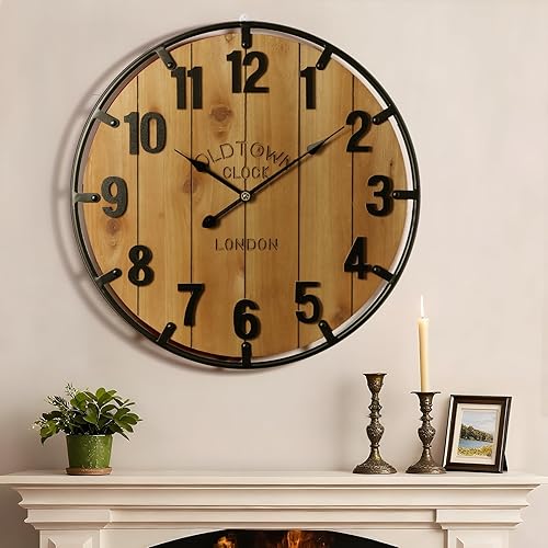 Miniatura 9 de Vantic Farmhouse - Reloj de pared decorativo extra grande de 24 pulgadas con círculo de metal, reloj de pared de madera de gran tamaño con número
