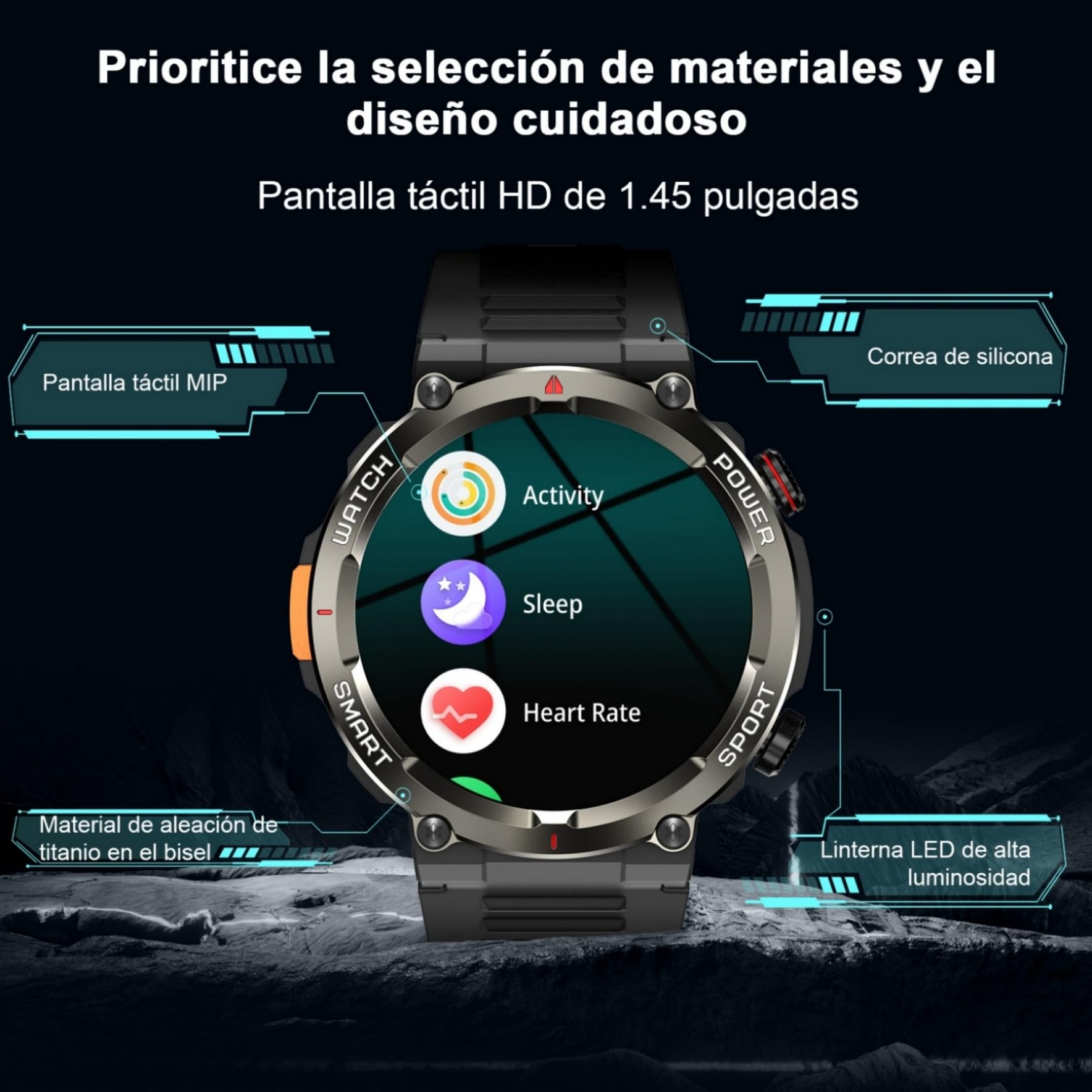 IOWODO Reloj Inteligente Hombre con Llamadas, 1.45" Militar Smartwatch con Linterna y Brújula, 960mAh Batería, 123 Modos Deporte, Monitor Cardíaco 24h/SpO2/Sueño, IP68, 2 Correas(iOS/Android)