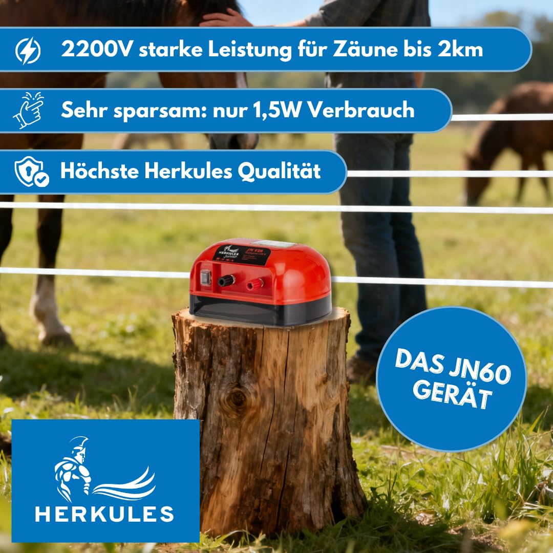 Herkules Weidezaungerät JN 60 - Starkes 230V Netzgerät - Elektrozaungerät für bis zu 2 km Zaun - Weidezaun Stromgerät mit 2200 V Leistung - Robustes und recycelbares Weidegerät