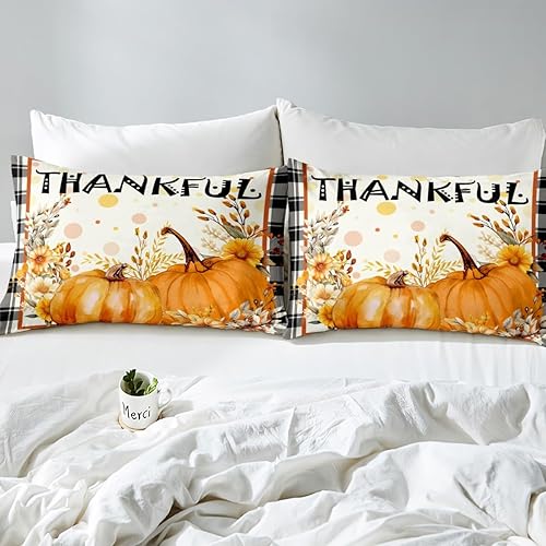 Miniatura 4 de Sábana bajera ajustable de calabaza de otoño para niñas y niños, tamaño Queen, juego de ropa de cama de cosecha de otoño, juego de sábanas