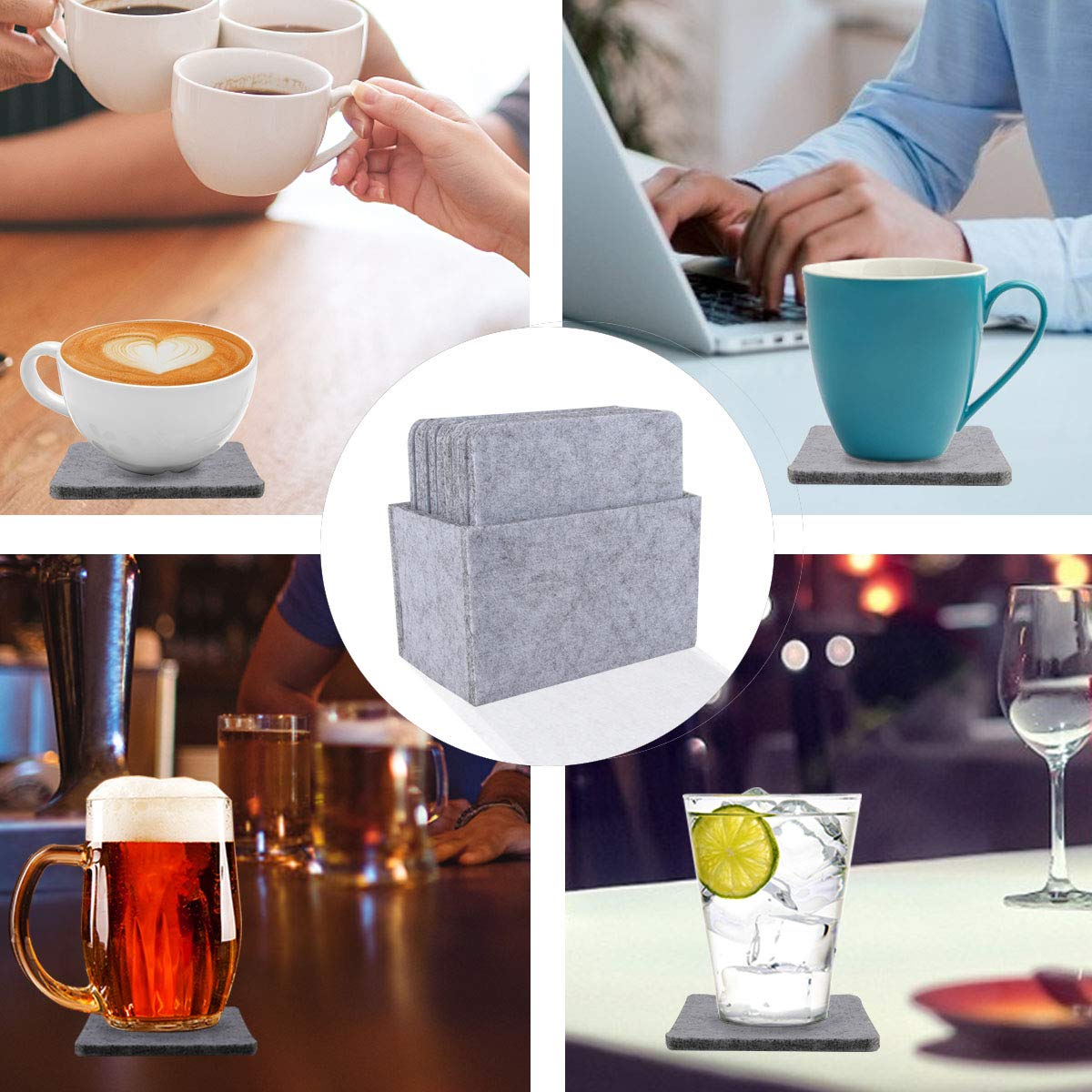 Dessous de Verre en Feutre, Dessous de Verre, Sous-Verre Carré en Feutre 12 Pièces Avec Boîte de Rangement, Sous-Verre Résistant à la Chaleur, Antidérapant, Lavable et Absorbant pour Protéger la Tasse