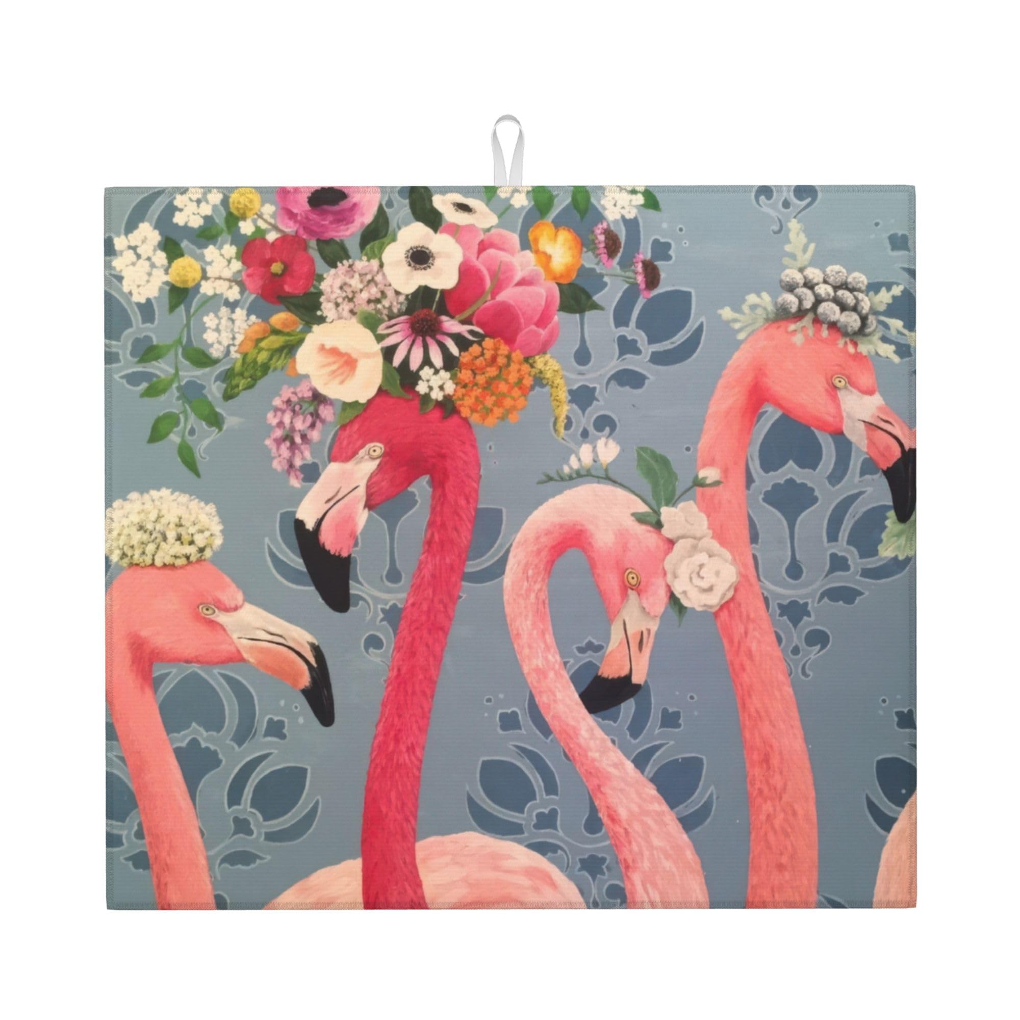 Flamingo Flowers Dish Drying Mat 16x18 Inch, Microfiber Absorbent Fast Dry Mat Large Dish Mat Drying Kitchen Mat, Kitchen Drying Pad for Kitchen