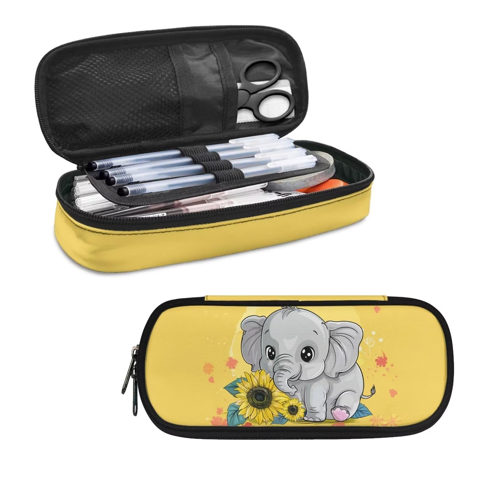 Sunflower Elephant Pencil Case for Adults Kids Pencil Pouch School Pen Bag Pen Cases Holder Stationery Pouches Aesthetic School Office Supplies