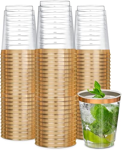 Vasos de plástico dorados para fiesta, paquete de 100, vasos transparentes de 10 onzas, vasos desechables duros, vasos dorados de alta resistencia,