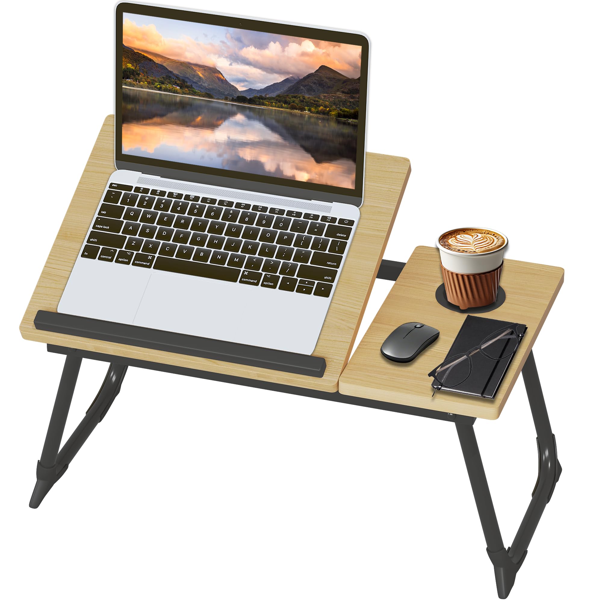 Vervea Walnut Laptop Bed Table With Foldable Legs, Cup Slot, Adjustable Trays, Holder, Notebook Stand – Ideal For Bed, Sofa, Terrace, Balcony, And Breakfast