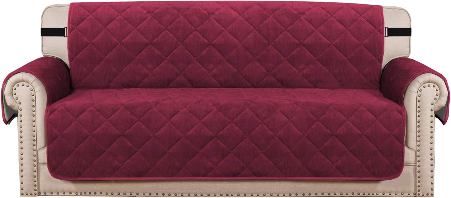 H.VERSAILTEX Sofa Cover Extra Large Quilted Thick Velvet Plush Couch Cover for 3 Cushion Sofa Slipcover Protector from Pets Dogs, Non-Slip Two Elastic Straps on Back and Base (X-Large 78", Burgundy) : Home & Kitchen