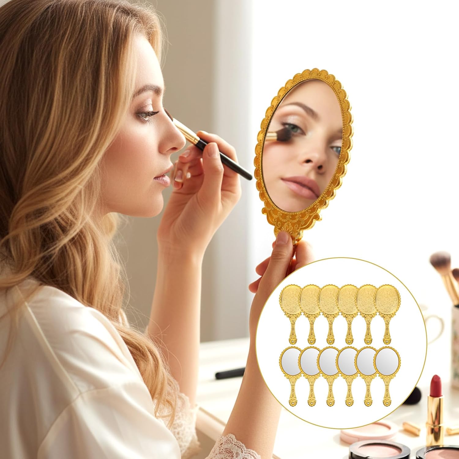 12Pcs Vintage Handheld Mirror with Handle 9.8" L x 4.5" W Gold Embossed Portable Small Mirrors Bulk for Princess Party Favors Travel Handle Mirrors for Women Gold Embossed Flower Princess
