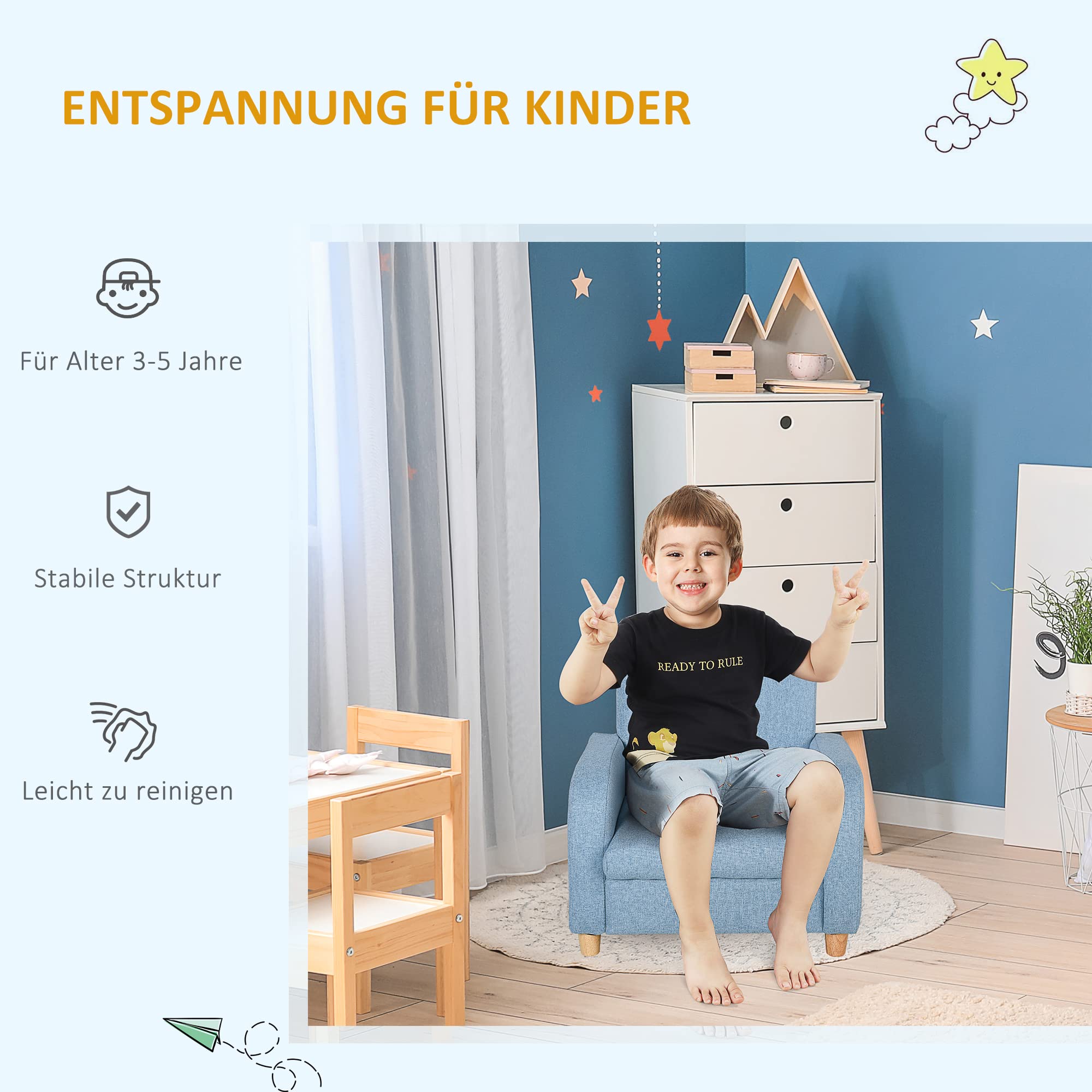 HOMCOM Kindersessel Kindersofa mit Leinen-Optik, massiven Holzfüßen Sessel aus Schaumstoff Kinderstuhl für Kinderzimmer, Spielzimmer, 49 x 45 x 44 cm, für Kinder 3-5 Jahre Blau