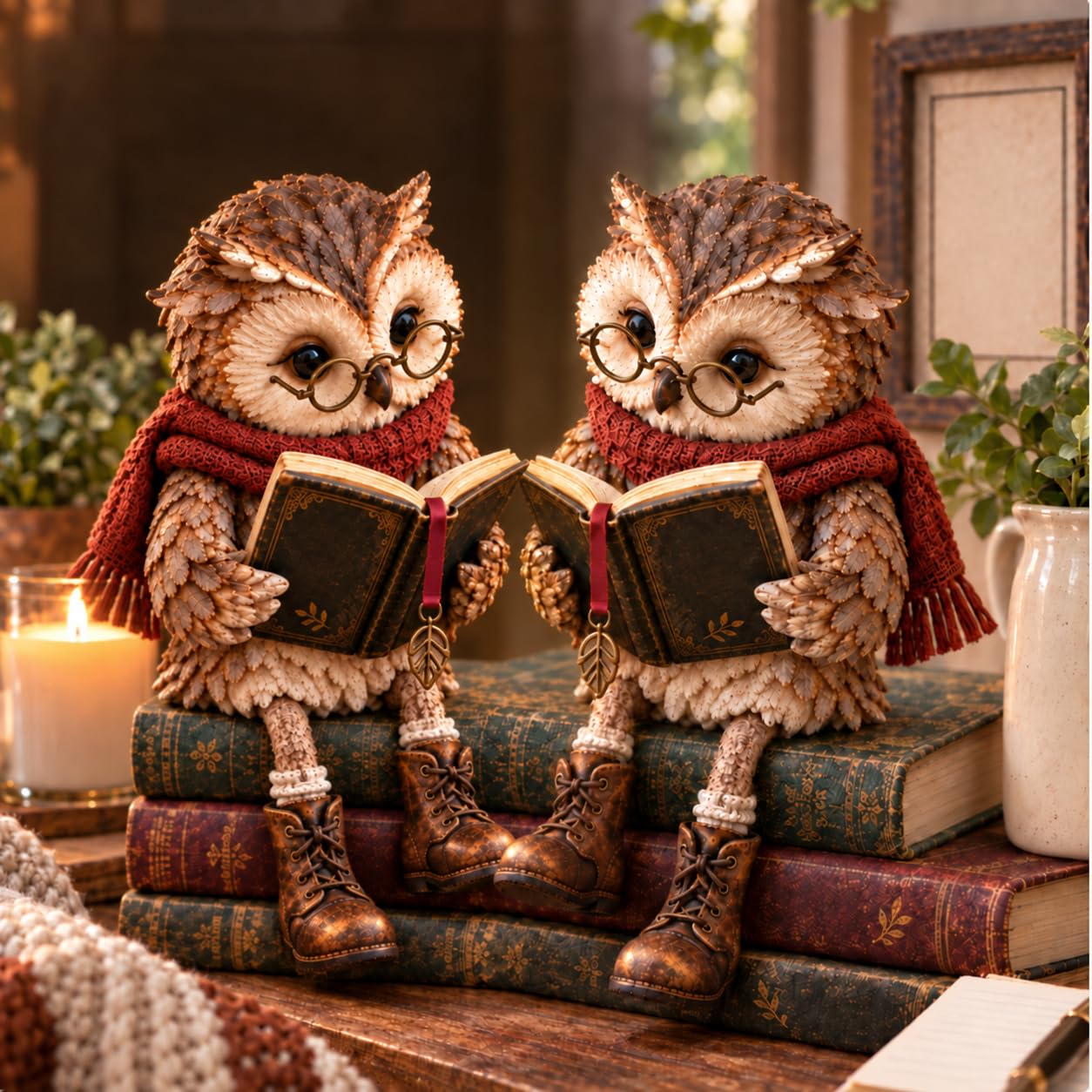 Reading Owl Figurine, Little Readers Cute Bookshelf Decor (2PC)