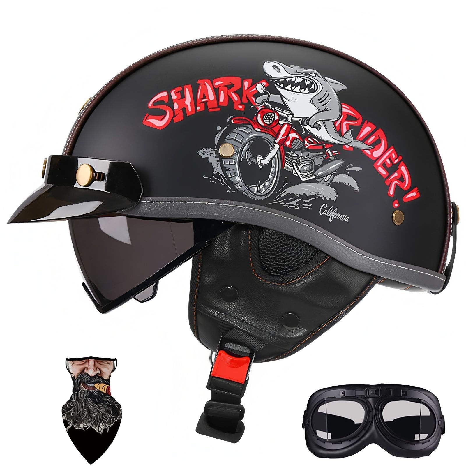HALYING German Helmet ABS Half Open Face Motorcycle Helmet Adult Men Women Motorbike Helmets Drop Visor Quick Buckle EPS DOT Approved Half Shell Men Women Motor Bike Helmet Men (55-62cm)