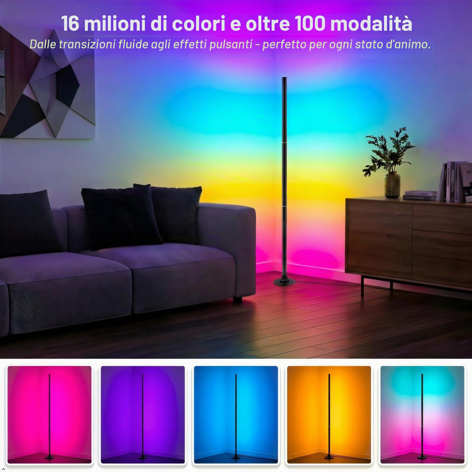 160cm Lampada Terra RGB per Soggiorno,Set da 2,Controllo APP e Telecomando | LED Lampade Angolari Dimmerabili con 16 Milioni di Colori, Sincronizzazione Musicale, Modalità DIY e Funzione Temporizzazione