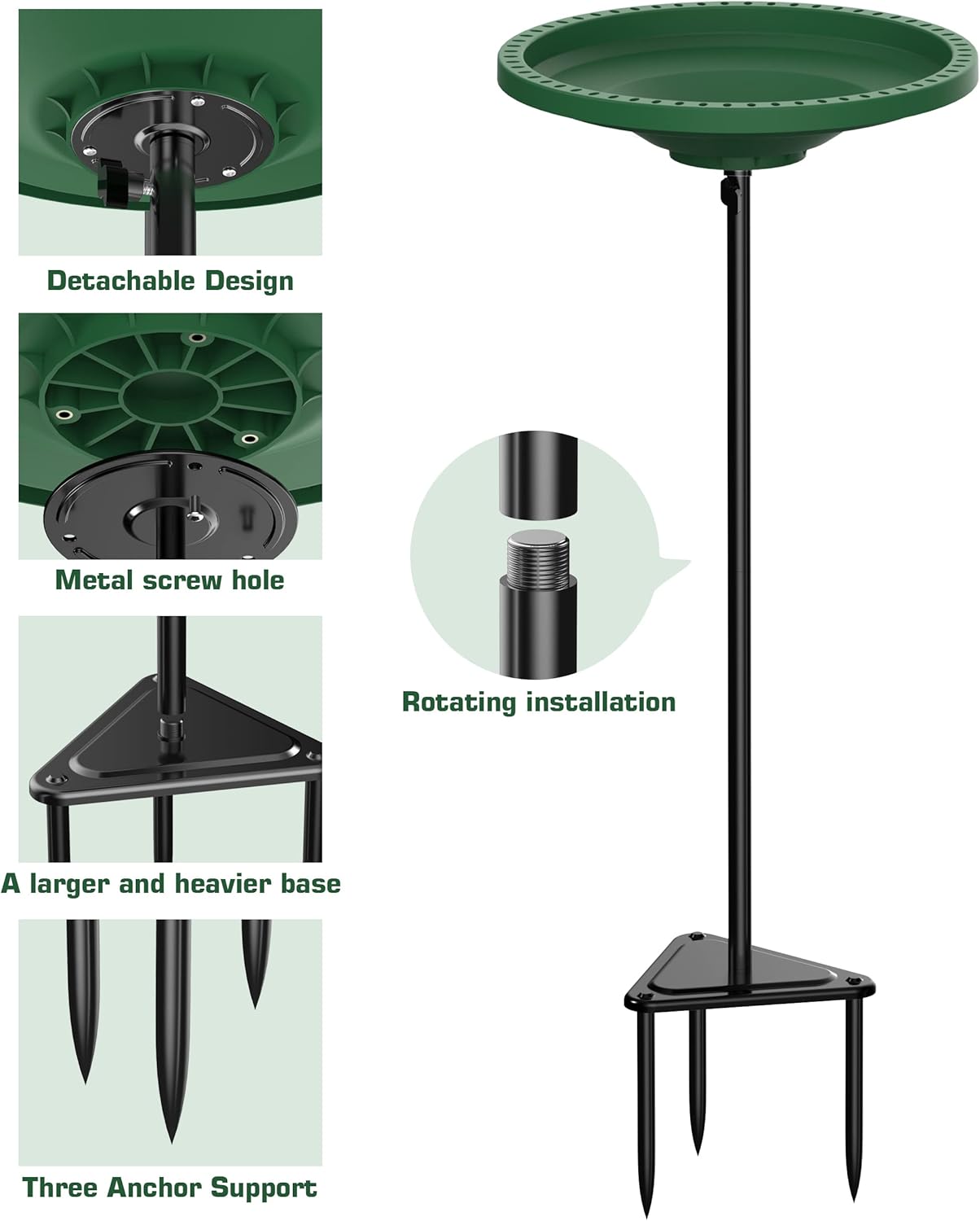 Bird Baths for Outdoors, Detachable Birdbaths for The Garden Clearance, Freestanding Bird Baths for Outdoors Heavy Duty, Bird Bath Bowl Spa & Birdfeeder with Metal Stake Stand, Circle Shape (Green)