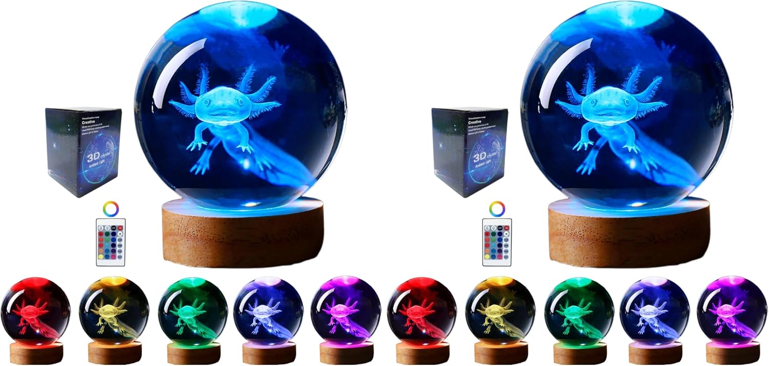 Axolotl lamp,3.15 inch 3D K9 Crystal Ball Axolotl Night Light with Wooden Base,16 Colors Change,Remote Control,Color Box,Birthday Christmas Axolotl Gift (Pack of 2)