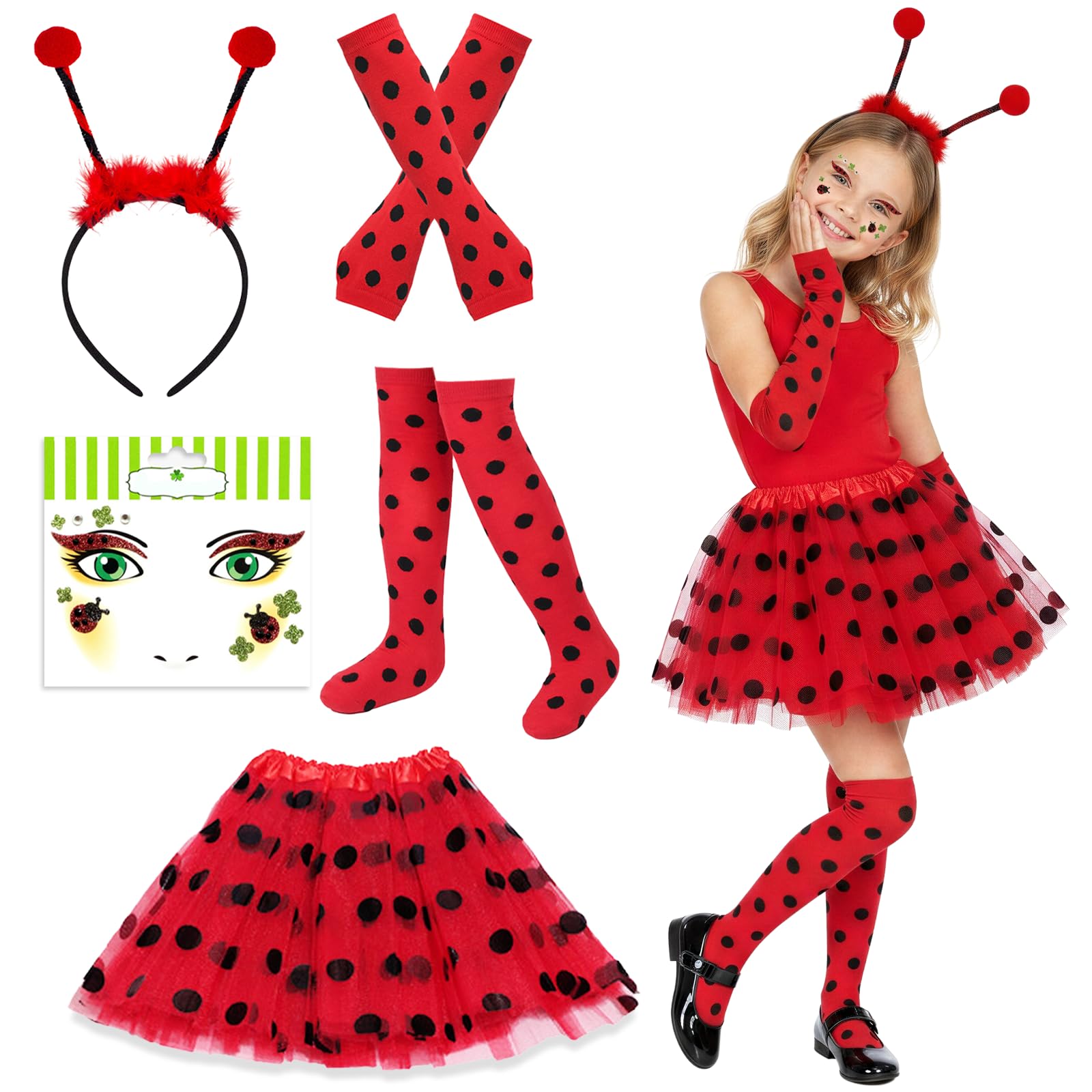 Ladybird Costume Girls 3-7Y, Polka Dot Tutu + Arm Covers + Leg Warmers+Ladybird Headband+Magic Wand, Lady Bug Costume Accessories Animal Costume Kids World Book Day Carnival Cosplay Party Performance