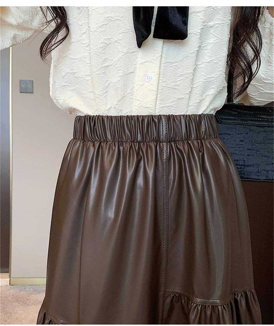 Otoño Invierno Irregular Faux PU Cuero Mujeres A-Line Falda Alta Cintura Recta Shirring Paraguas Faldas