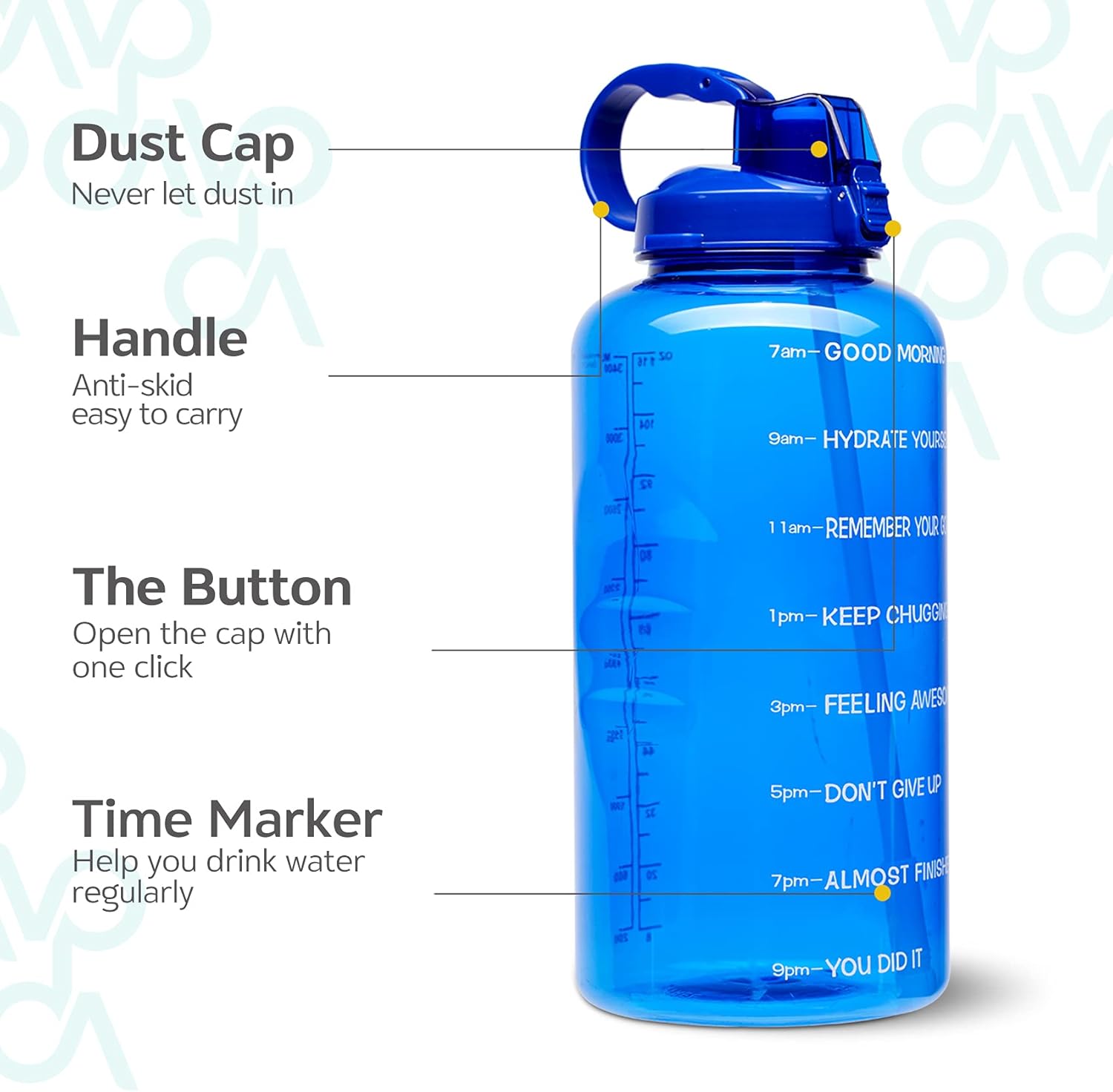 Venture Pal Large 64 oz (When Full) Motivational BPA Free Leakproof Water Bottle with Straw & Time Marker Perfect for Fitness Gym Camping Outdoor Sports-64oz-Deep Bluets