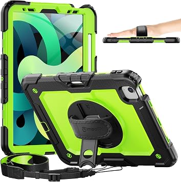 Timecity Case for iPad Air 4 10.9 Inch 2020, for iPad Air 5th Generation Case 2022, with Screen Protector/Swivel Kickstand/Hand Strap/Pencil Holder Cover Cases for iPad Air 4th/ 5th Gen, Green