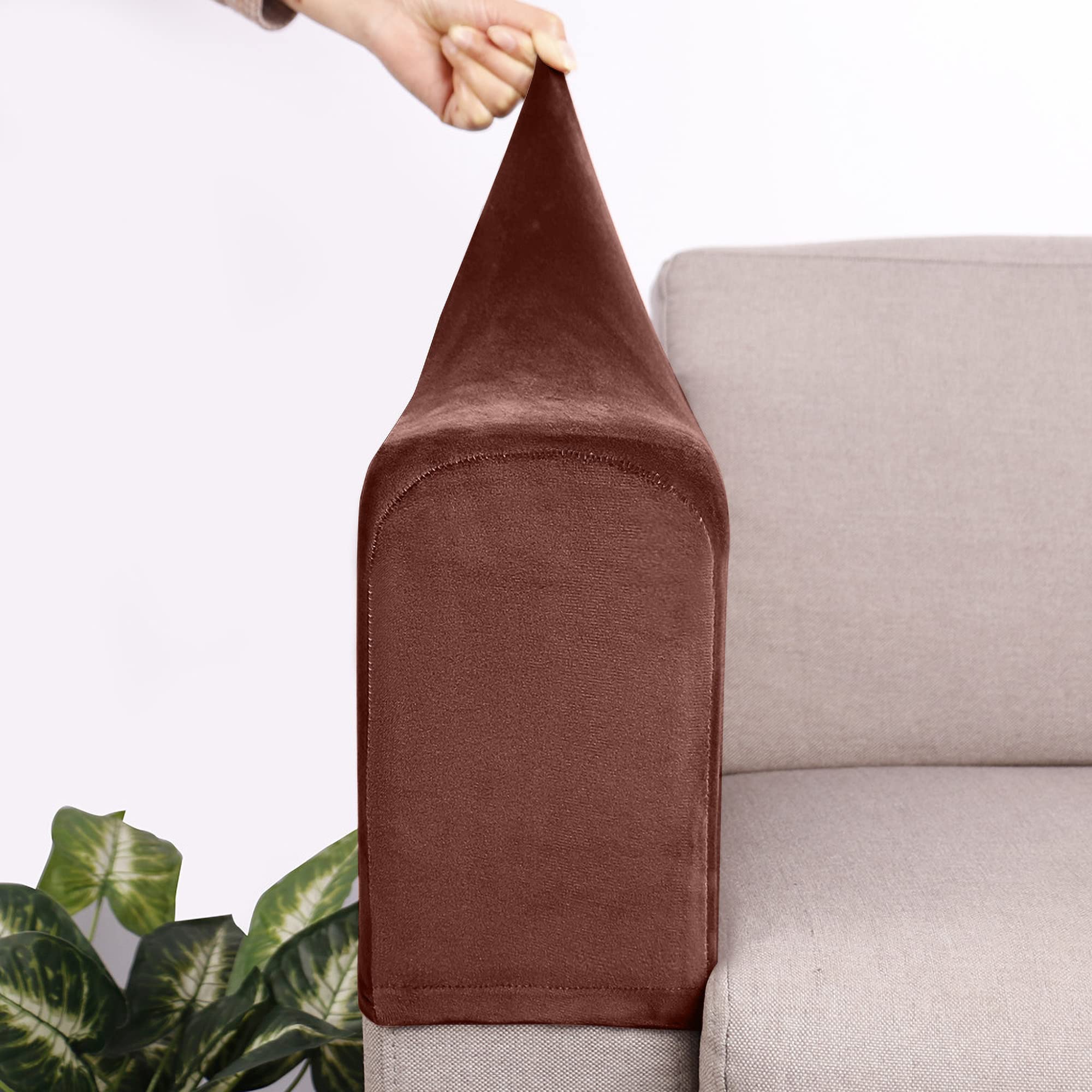 Set of 4 Spandex Armrest Covers Anti-Slip Couch Arm Covers Thick Velvet Armchair Slipcovers Removable Armchair Covers for Sofas Recliner Chairs Office,Coffee