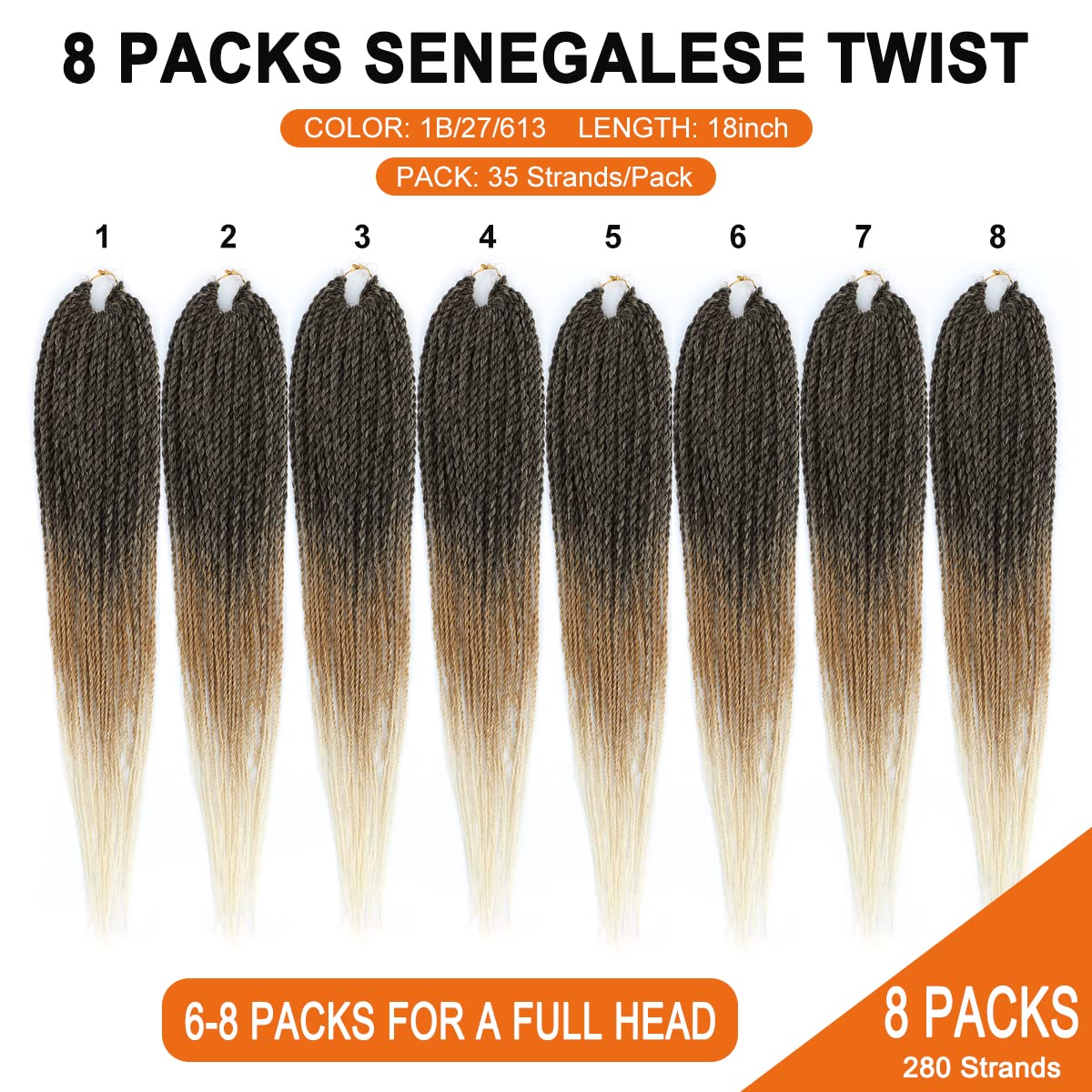 NAYOO Small Crochet Hair Senegalese Twist, 18 Inch 8 Packs Ombre Crochet Braids Hair, 35 Strands/Pack Crochet Twist Hot Water Setting, Pre-Lopped Twist Crochet Hair for Black Women(18 Inch, 1B/27/613)