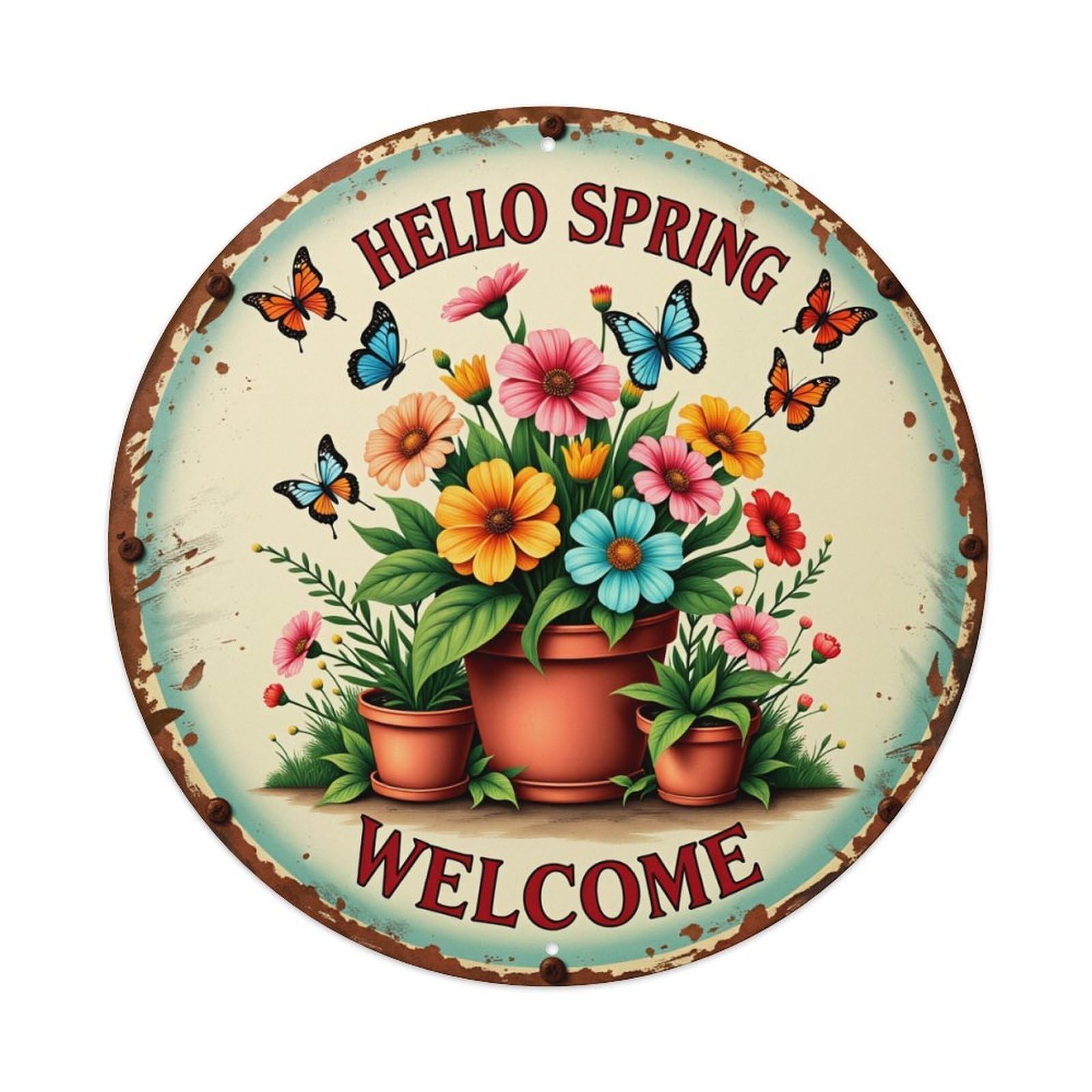 Hello Spring Welcome Butterflies Flowers Round Tin Sign Vintage Metal Sign Home Bar Garden Indoor & Outdoor Wall Decor Retro Metal Poster 8x8 Inch