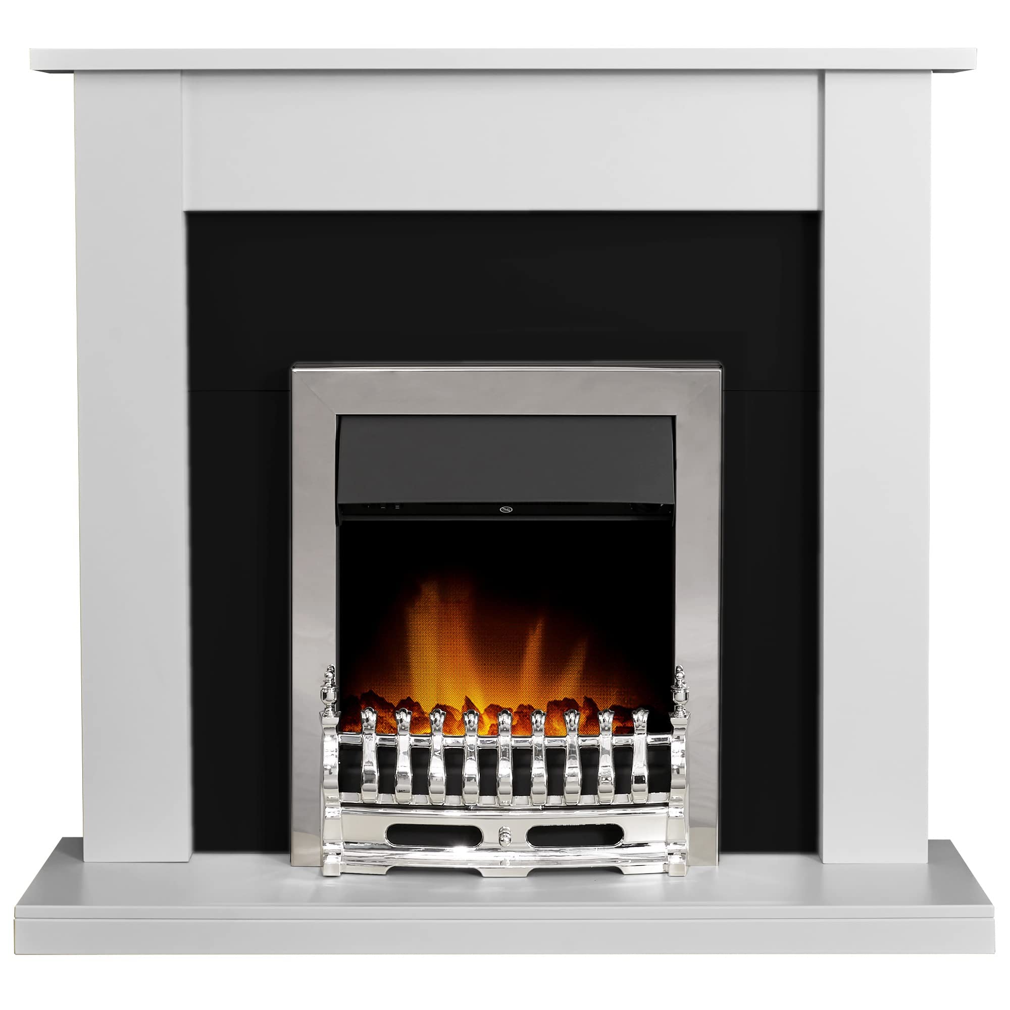 Adam Brushed Steel Sutton Fireplace In Pure White & Black With Blenheim Electric Fire In Chrome, 43 Inch