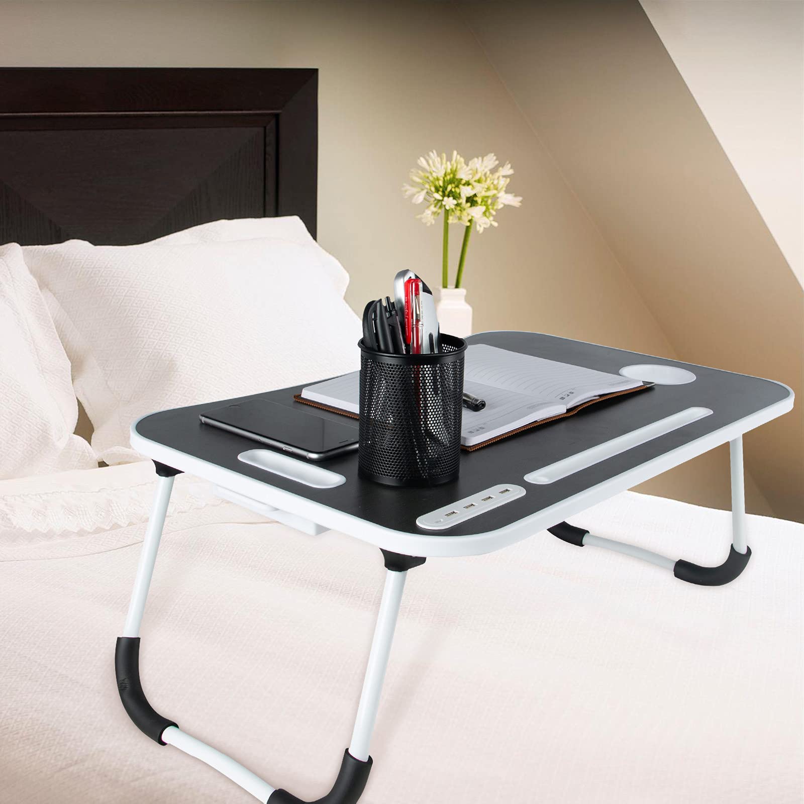 BigTron Table d'ordinateur Portable Pliable avec Porte-gobelet, tiroir de Rangement, 4 Ports USB pour Ordinateur Portable/Plateau de lit/Bureau de lit/Bureau de Bureau/canapé/Bureau de Bureau (Noir)