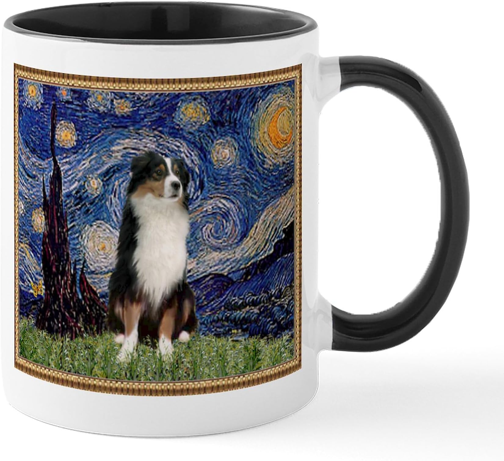 Funny Black Blue Merle Australian Shepherd Coffee Mug 11oz White Ceramic Cup Novelty Animal Portrait - Pet Owner Appreciation Thank You Gifts For Aussie Dog Lovers