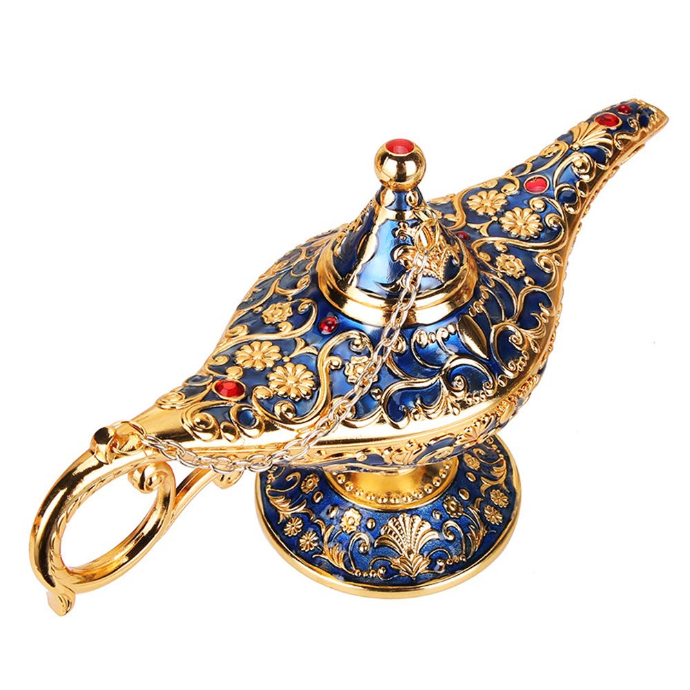 Vintage Aladdin Magic Genie Lamp Light for Home Party Wedding Table Decoration & Gift,Classic Zinc Alloy Arabian Lamp Jewelry Box（Gold & Blue）