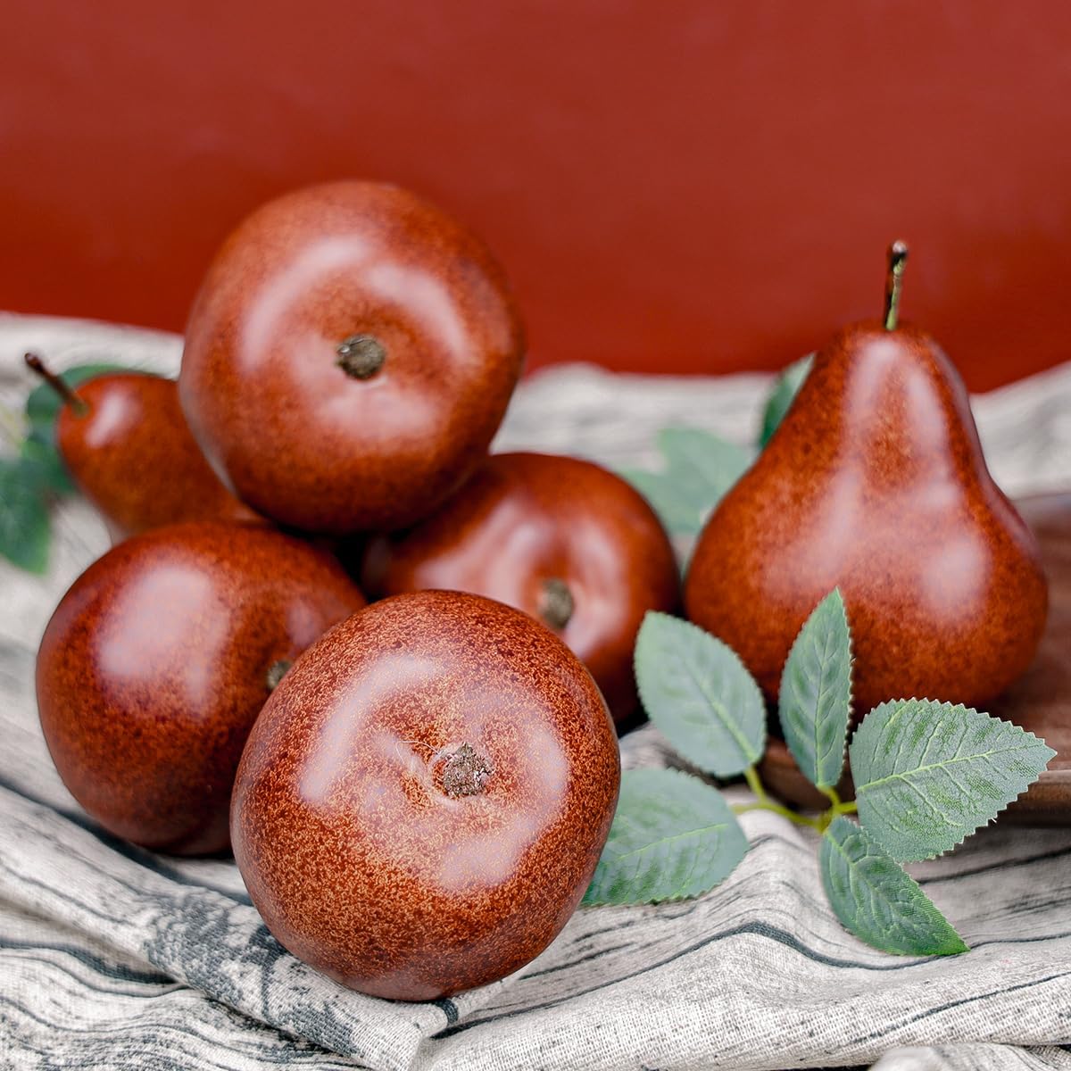6 Pcs Faux Brown Pears - Realistic Fake Pear Artificial Fruit Decorations for Table Centerpiece, Decorative Pear for Home Kitchen Decor