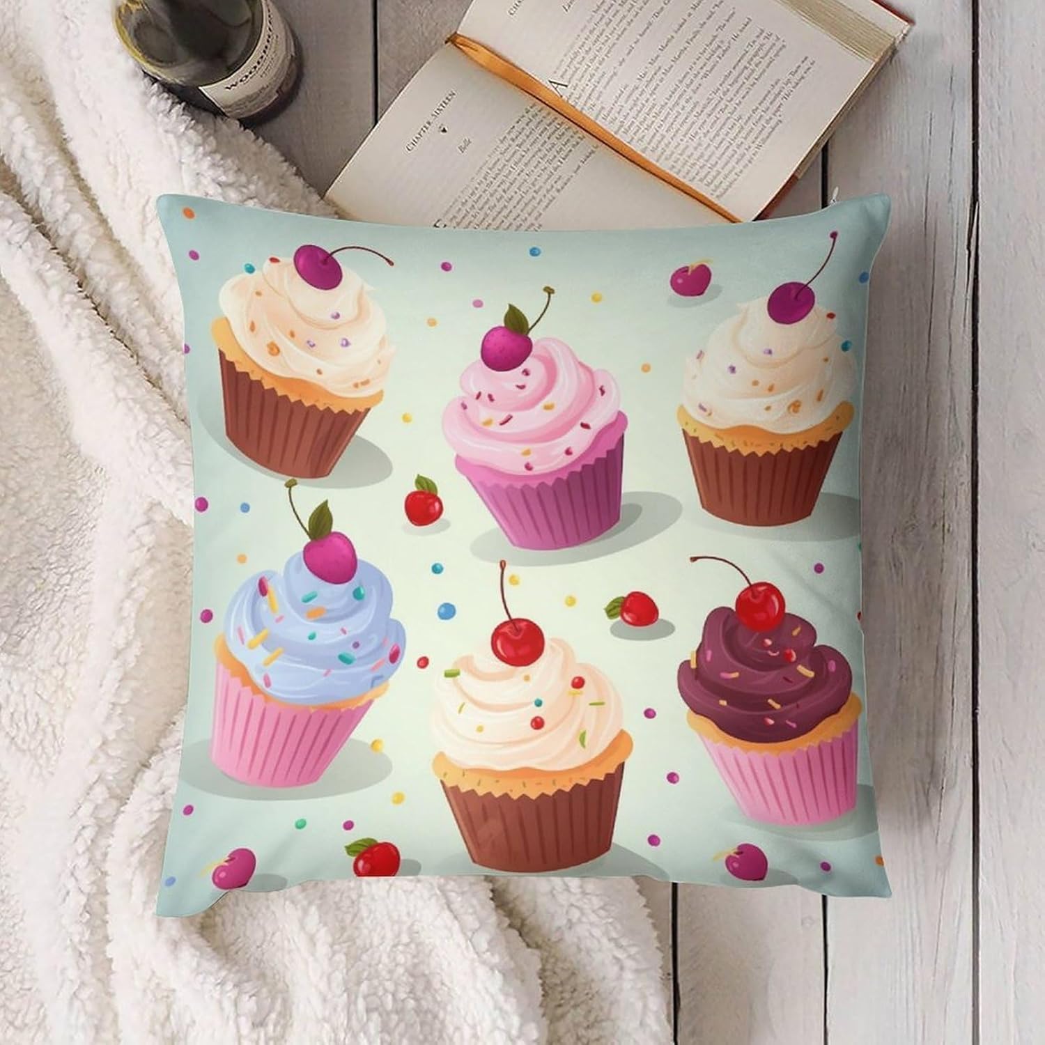 Zippered Pillow Cover, Pillow Protector, Delicious Cupcakes Printed Pillow Cover of 4, Pillow Not Included