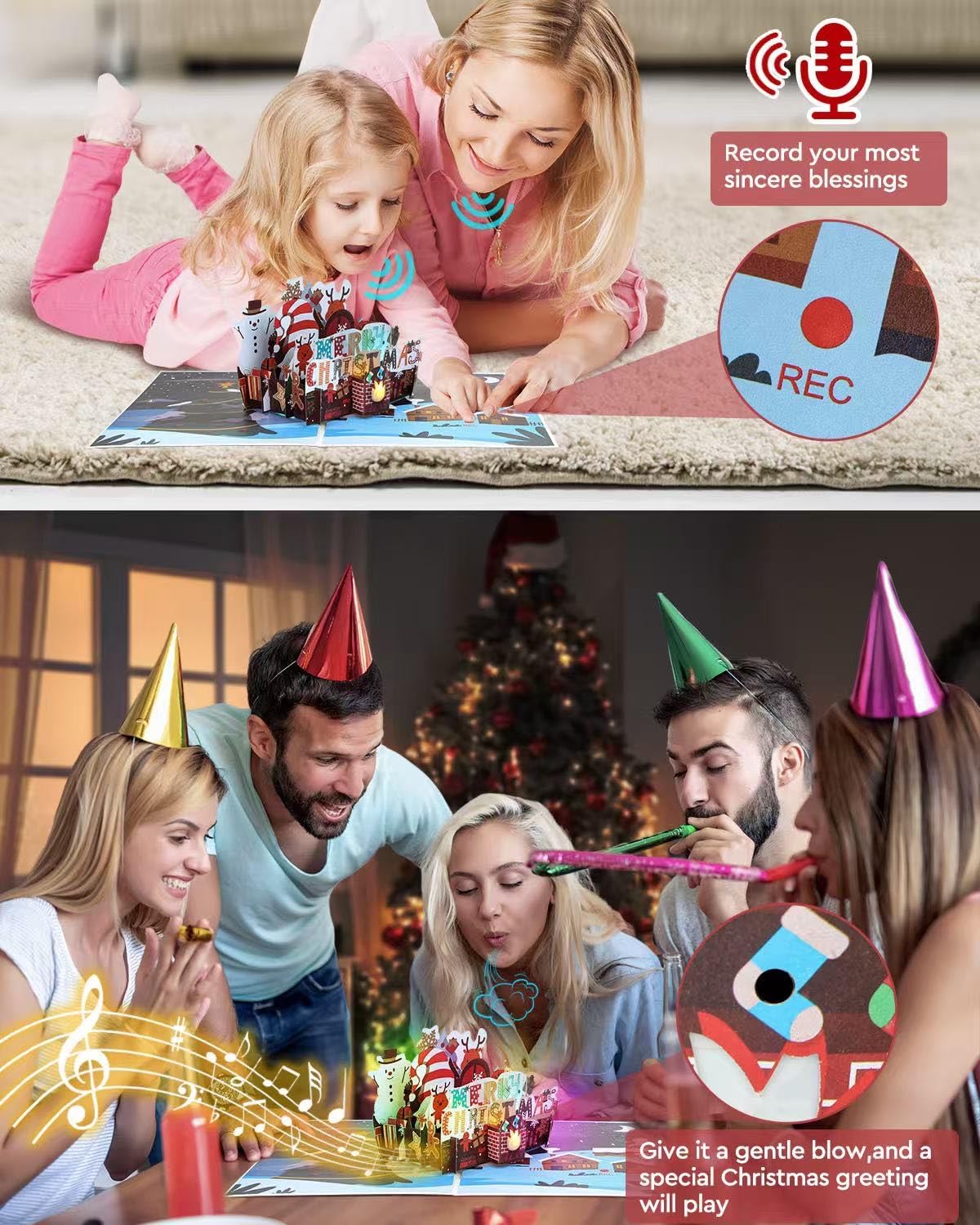 Carte Noel 3D Pop Up Carte De Noel Avec Musique Et Lumière, Christmas Cards Avec Enregistrement,Cartes De Noël Avec Enveloppe Pour Enfants Famille Noël Cadeau