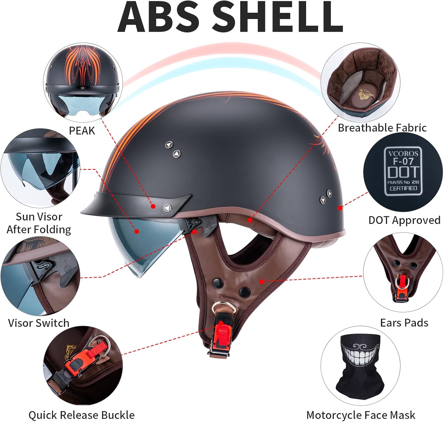 Diagram showing VCOROS F-07 helmet features including ABS shell, peak, sun visor, visor switch, quick release buckle, ear pads, breathable fabric, and DOT approval.
