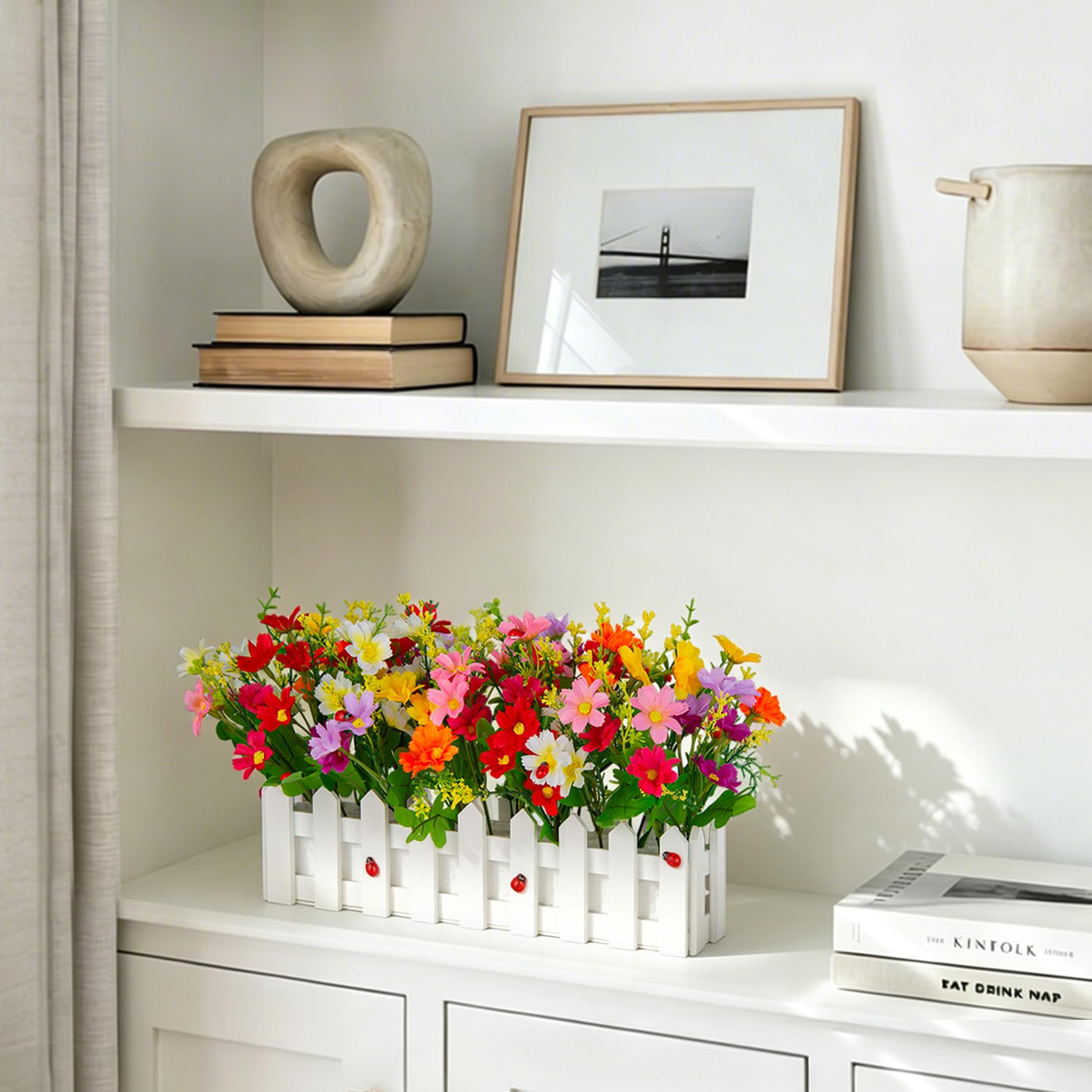 Künstliche Blumen – gemischte Farben in Palisadenzaun-Topf für Innenbereich, Büro, Hochzeit, Heimdekoration, 2 Sets