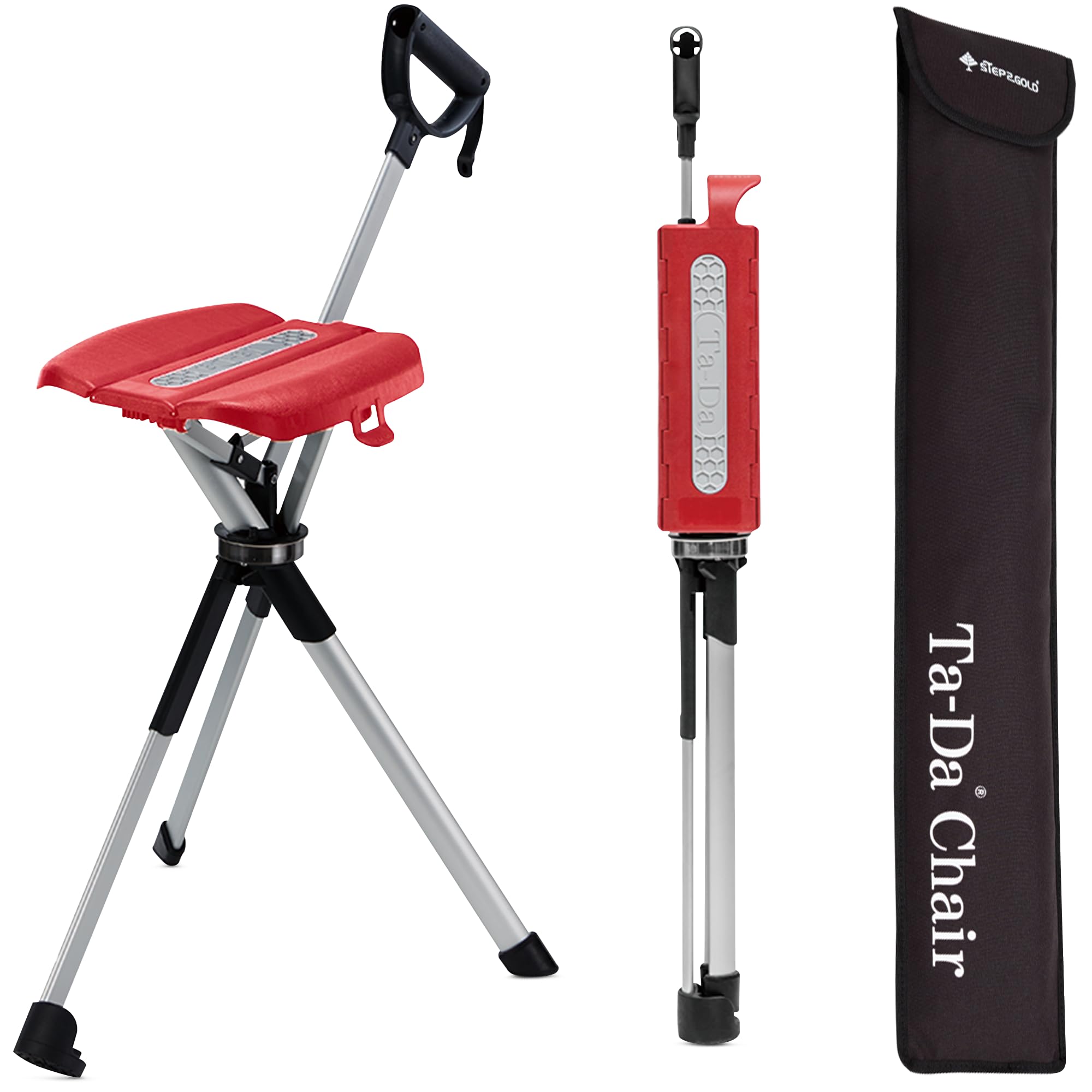 STEP2GOLD Ta-Da Chair Series 2 - Walking Stick with Seat, Lightweight Aluminium Pole Frame & Sturdy Foldable Stool (up to 136kg), Easy Folding Design, Ideal for Hiking & Outdoor Activities