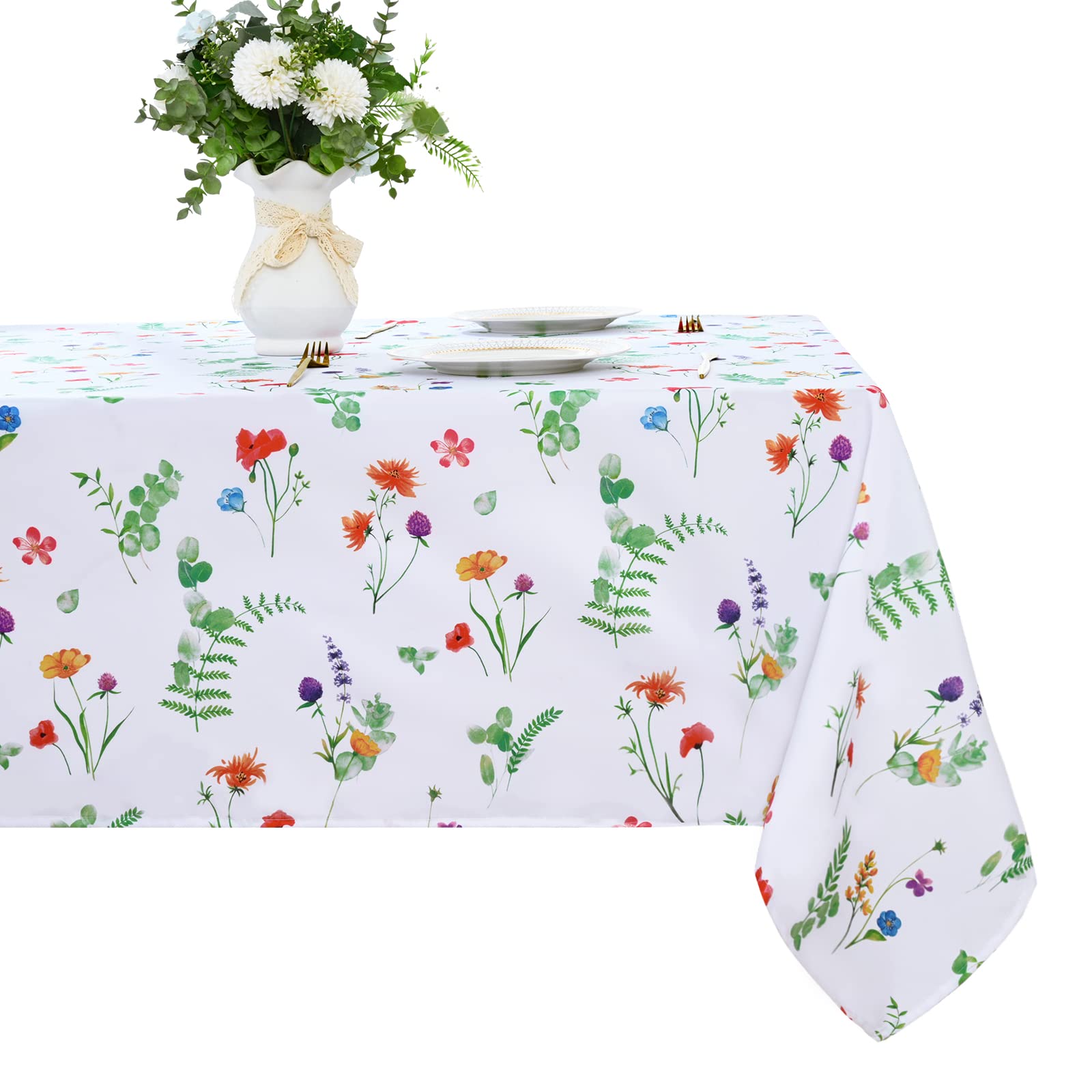 Floral Tablecloth, Summer Flower Table Cloth, Rectangular Green Leaves Tablecloth, Colorful Waterproof Washable Decorative Table Cover for Home Dining Room Party Picnic Kitchen, 55 x 55 Inch
