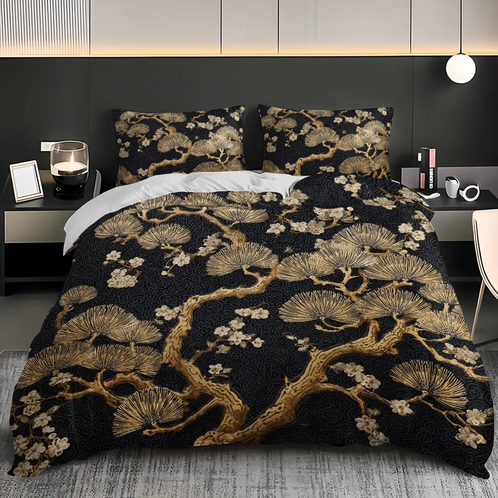 Japońskie kwiaty wiśni zestaw poszewek na kołdrę zestawy pościeli rozmiar euro 152 x 200 cm miękka i oddychająca szczotkowana mikrofibra złota poszewka na kołdrę 3 sztuki dla dzieci dorosłych