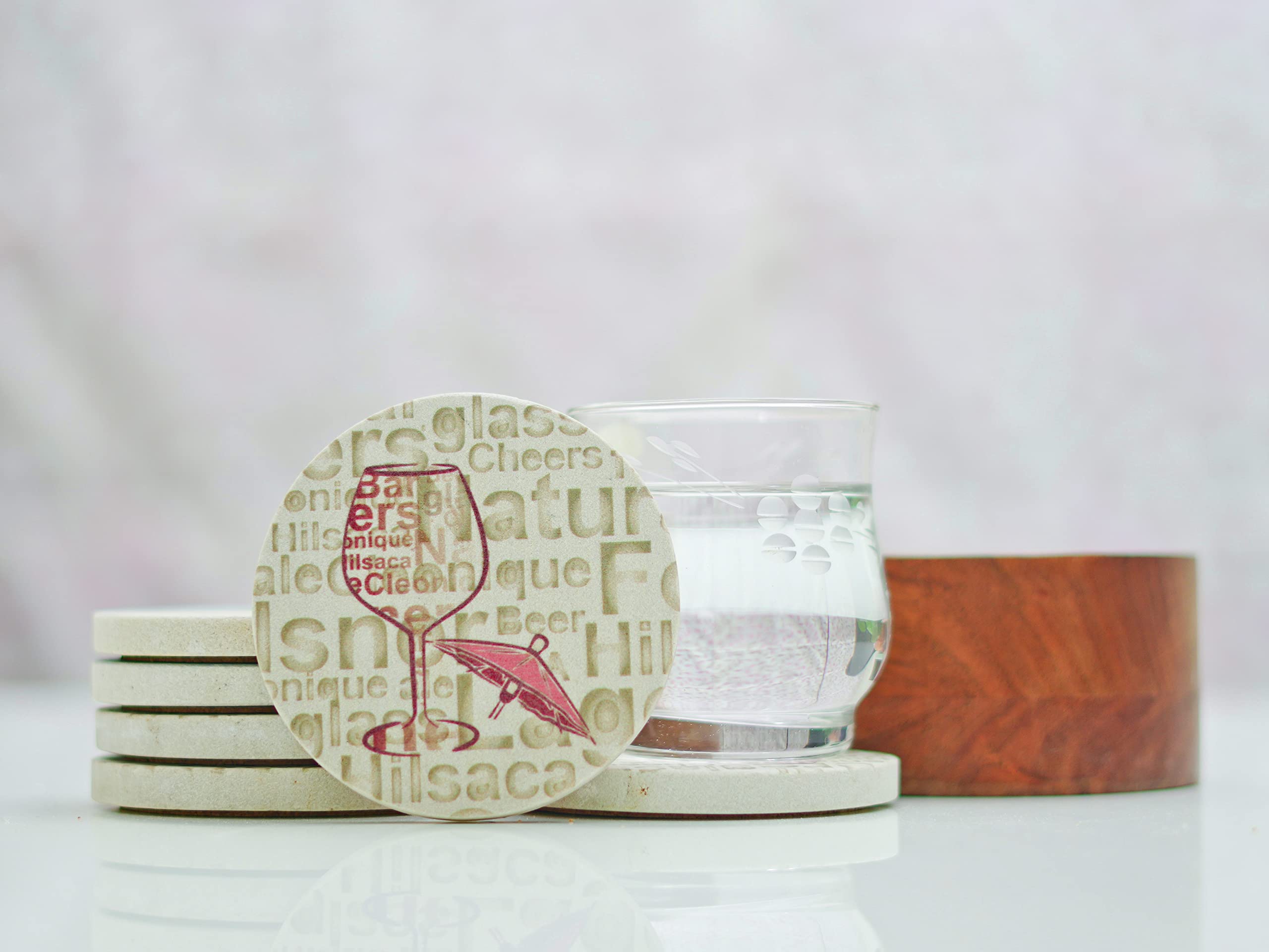 Natural Sandstone Wine Printed Absorbent Beverage Coasters Set of 4Pcs with Acacia Wood Holder