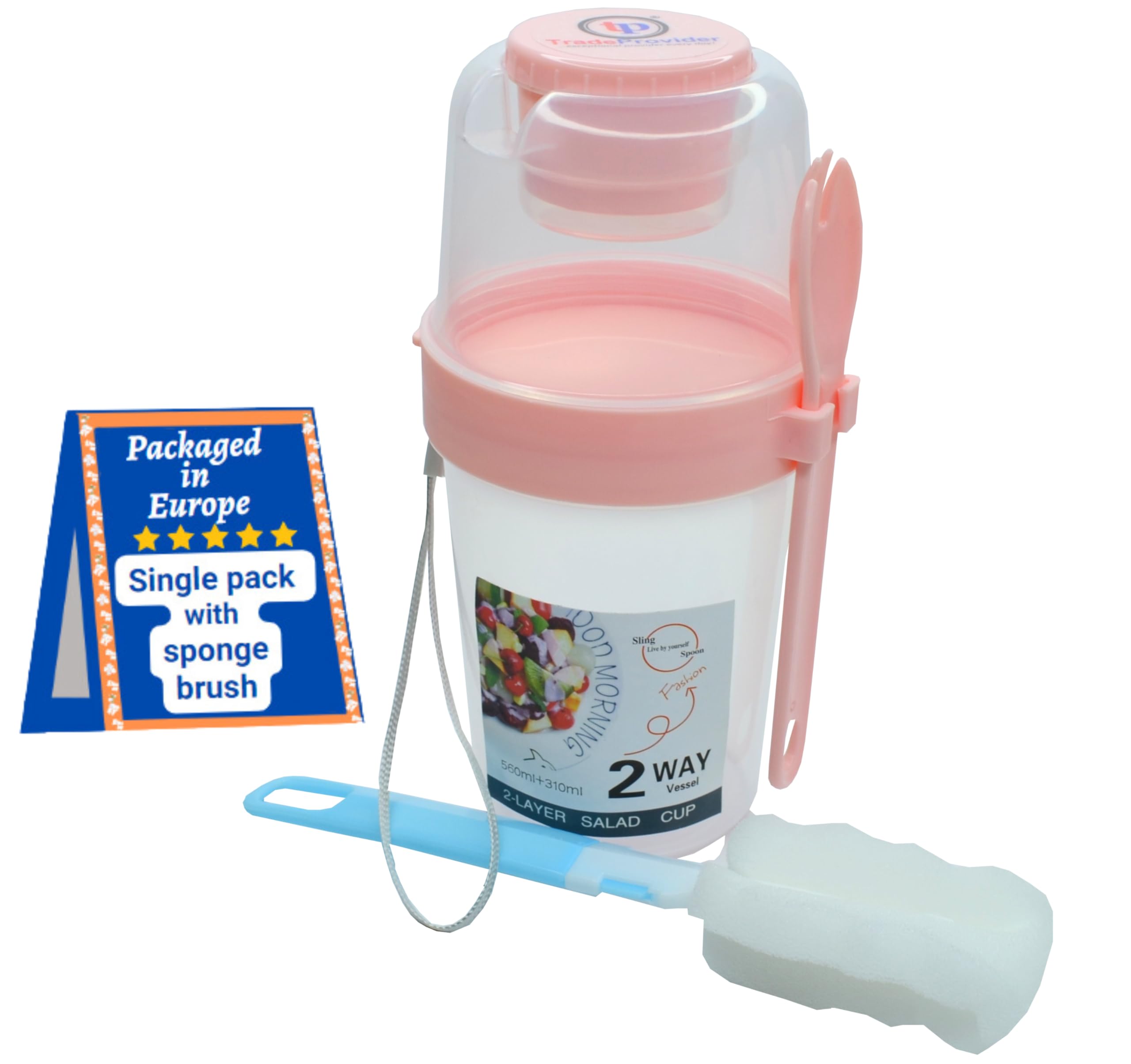 Reusable Yogurt Cups with Lid Sponge Brush Fork Lanyard 560ml/19Oz Clear 3 in 1 Cereal Pot Salad Juice Milk Cup 100% BPA Free Breakfast Bowl by TradeProvider® (Pink)