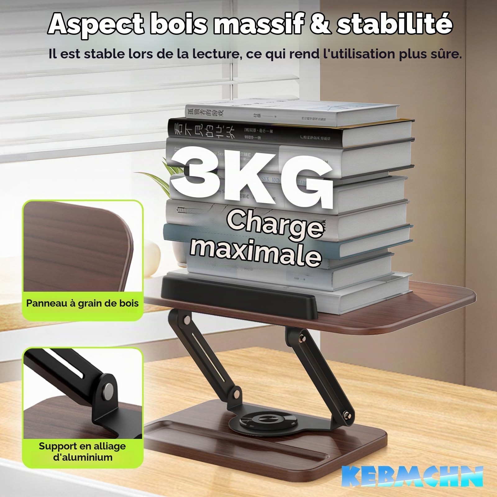 Support de Lecture en Bois, Base Pivotante 360°, Hauteur Réglable | Porte-Livre pour Livres de Cuisine, Manuels Scolaires, Ordinateur Portable, Partitions Musicales
