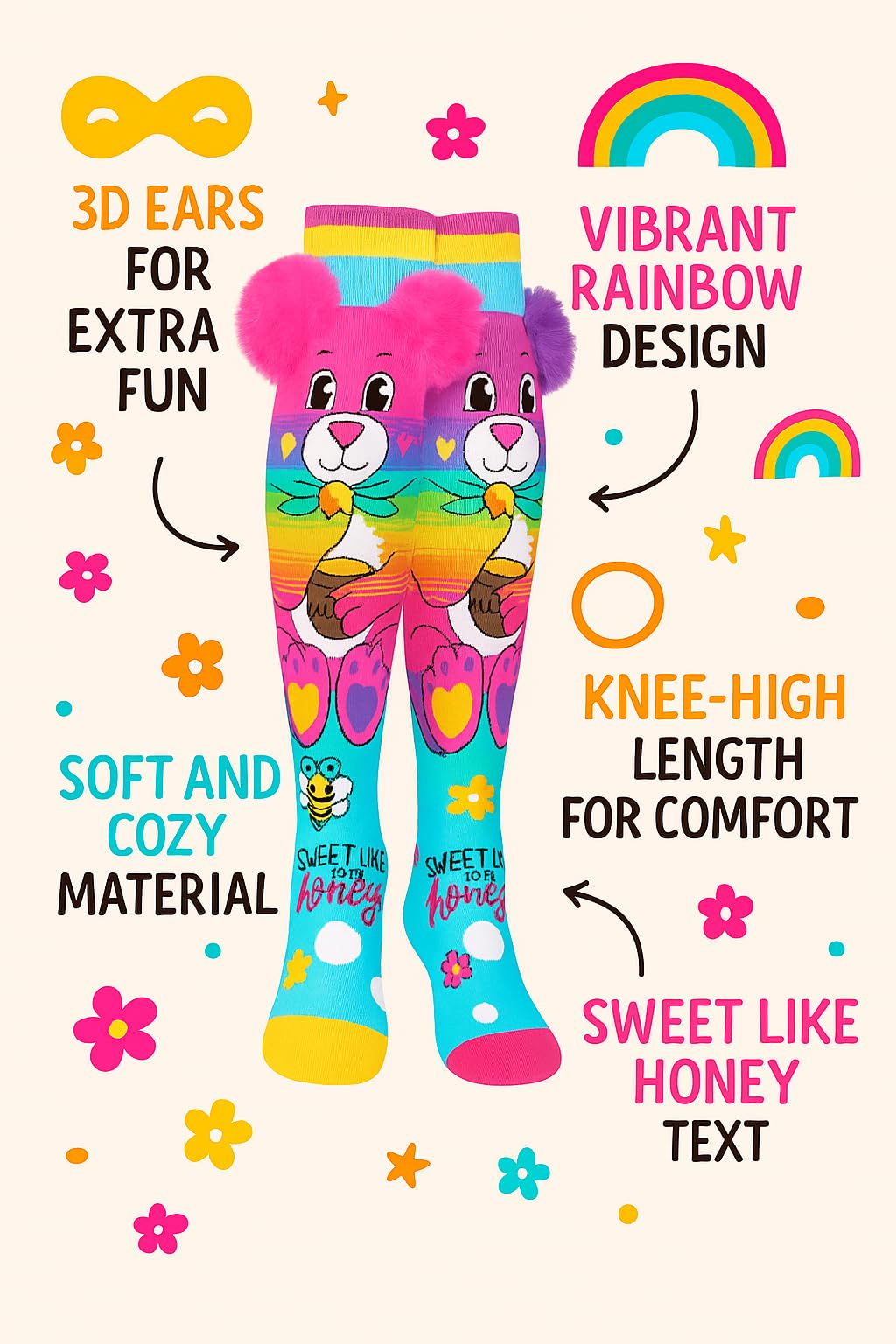 SAMVARDHAN Rainbow Bear Knee-High Socks with 3D Fluffy Ears – Cute Colorful Cartoon Animal Socks, Kids & Teens,Comfortable - Age of 3 to 12 Years 4