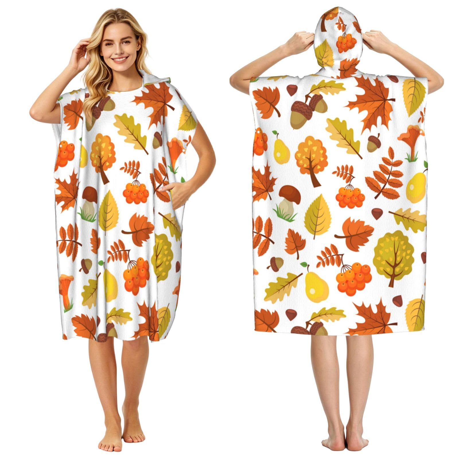Poadnly Autumn Maple Leaves, Adult Hooded Beach Towel 90 x 110 cm,Changing Bath Robe, Surf Poncho Towel For Women Men