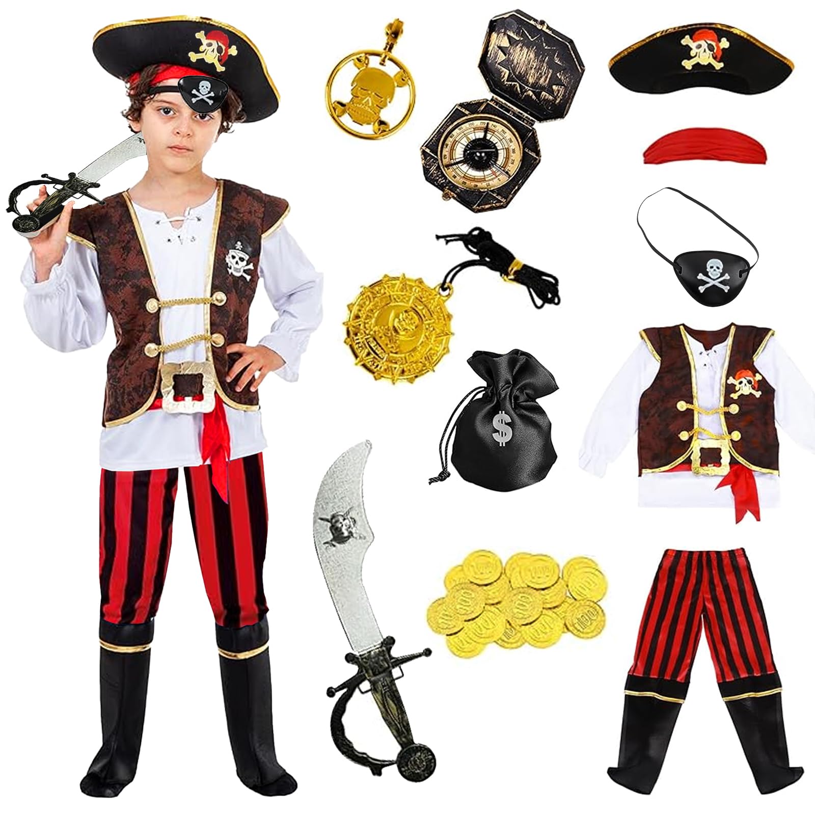 DAZZTIME Disfraz Pirata Niño,Disfraz de Pirata para Niños,con Pirata Accesorios,Disfraz Infantil de Pirata,Cosplay Pirata,Pirata CapitáN Disfraz de Halloween Carnaval para Niños,(Tamaño-S).