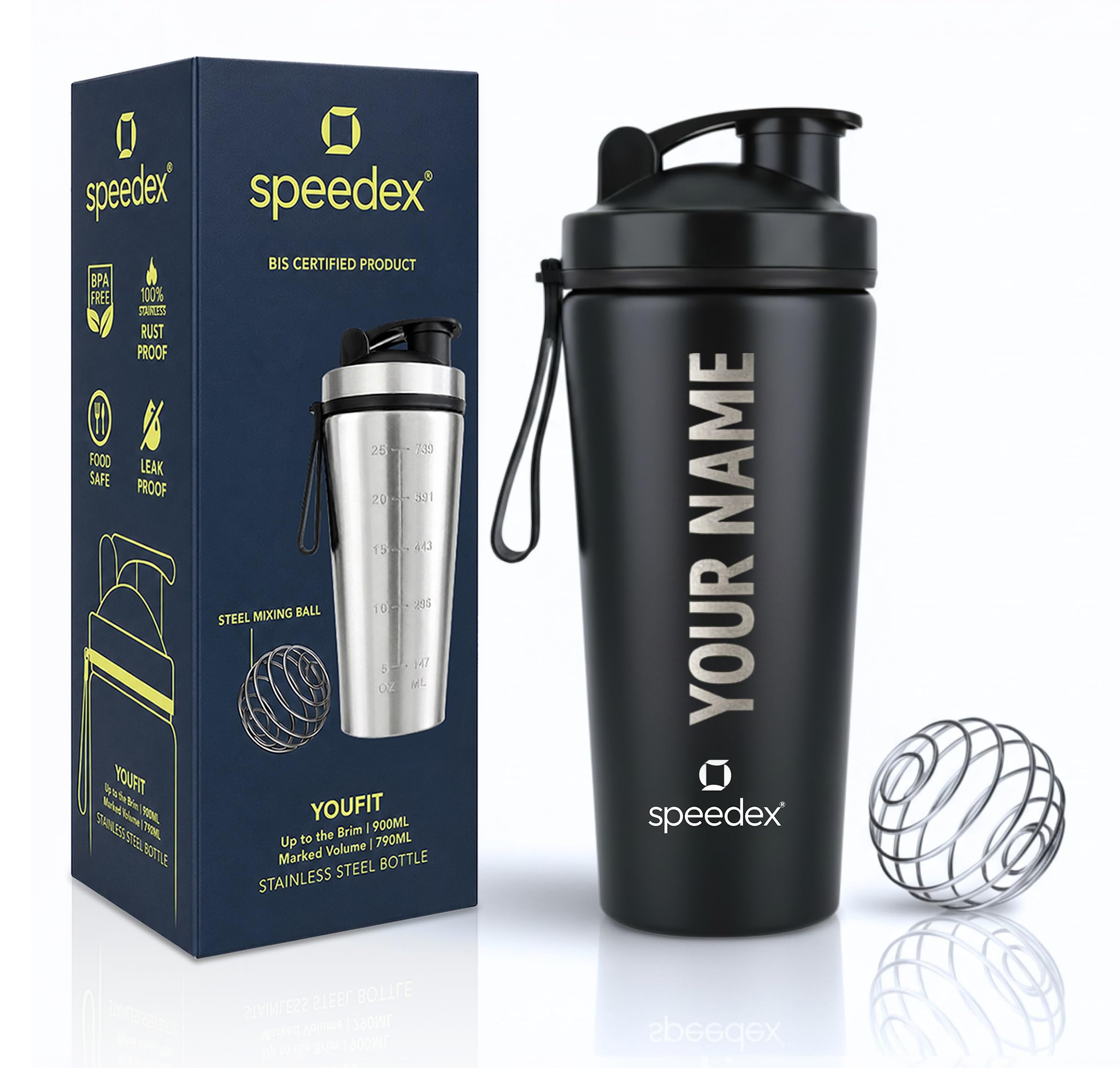 Speedex YouFit Customized Stainless Steel Gym Shaker Bottle 750ml with Mixing Ball, Leakproof Flip Cap, Wide Mouth, Measurement Markings, Personalized Name/Logo Metal Protein Shaker – Black